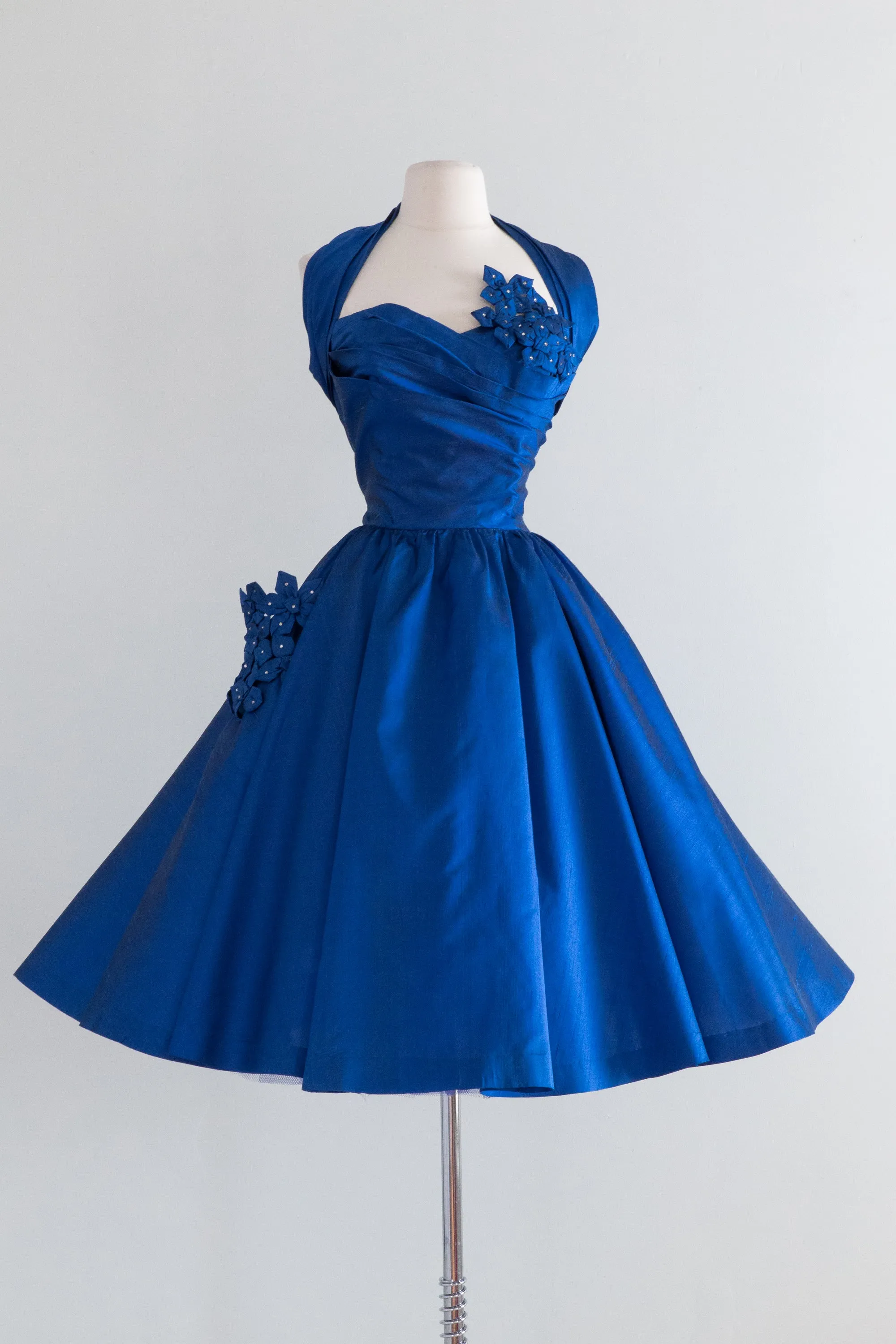 1950's Sapphire Blue Silk Party Dress With Rhinestones / Waist 27