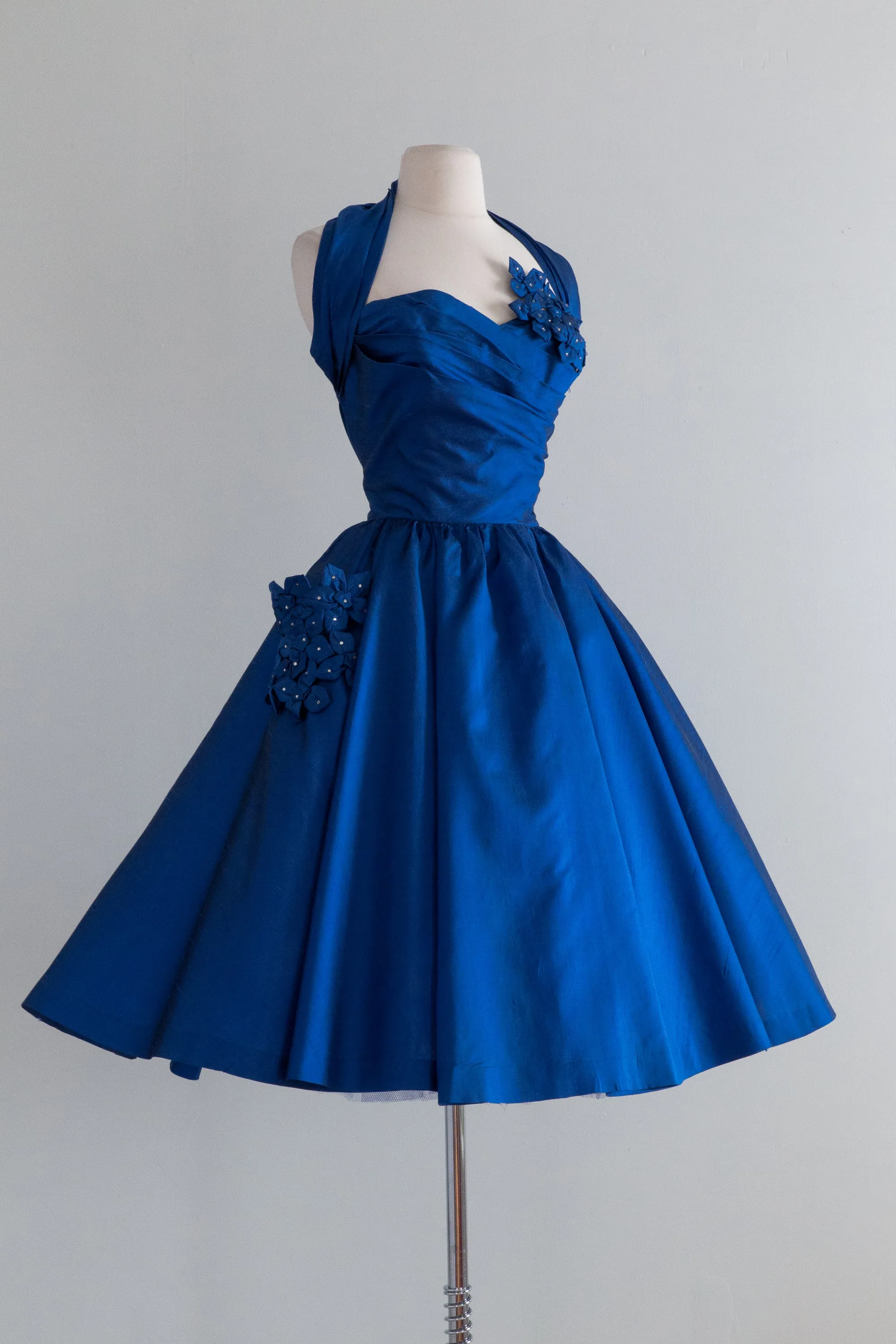 1950's Sapphire Blue Silk Party Dress With Rhinestones / Waist 27