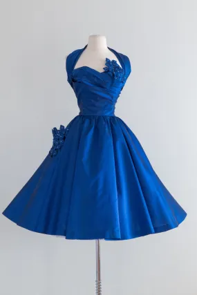 1950's Sapphire Blue Silk Party Dress With Rhinestones / Waist 27