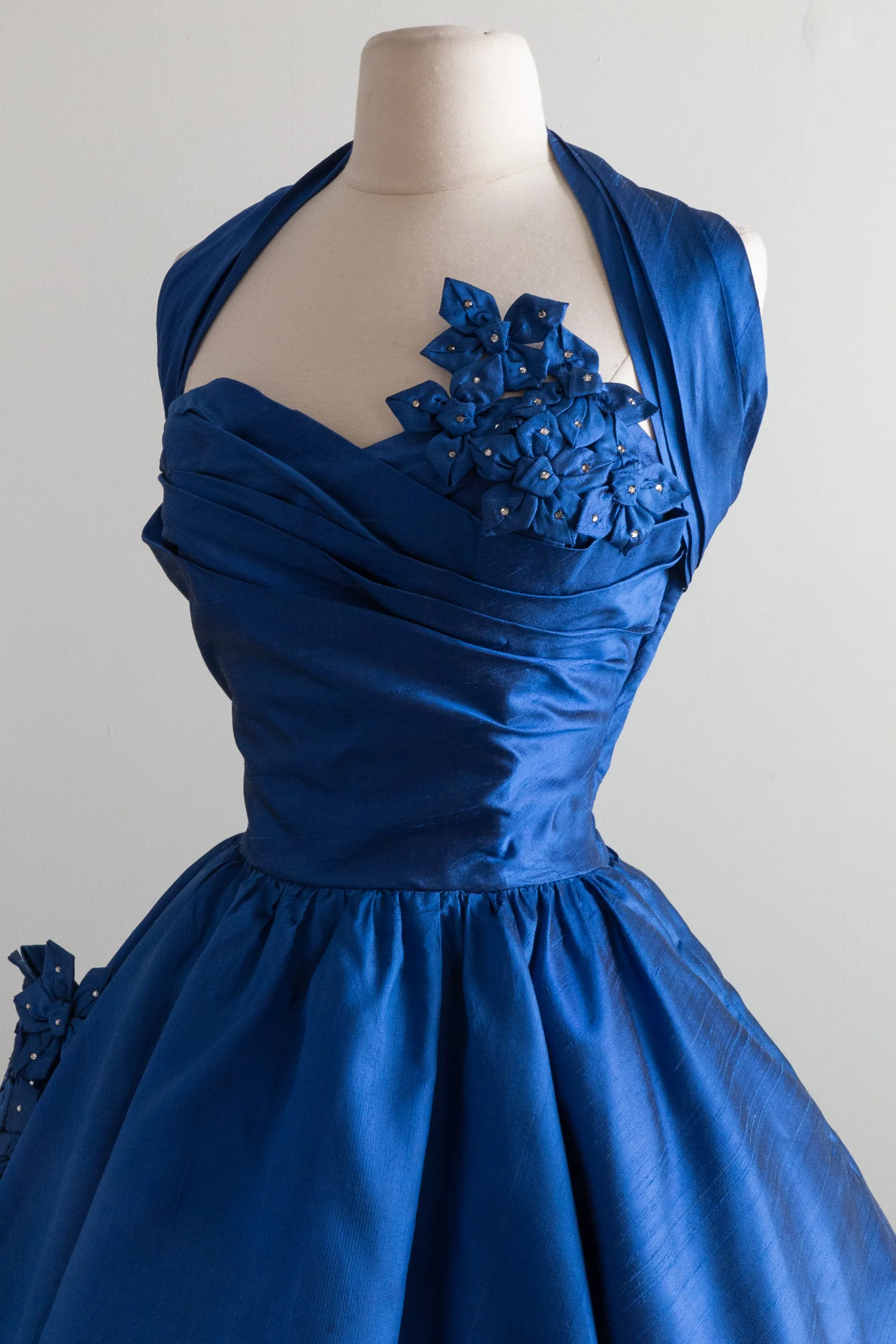 1950's Sapphire Blue Silk Party Dress With Rhinestones / Waist 27