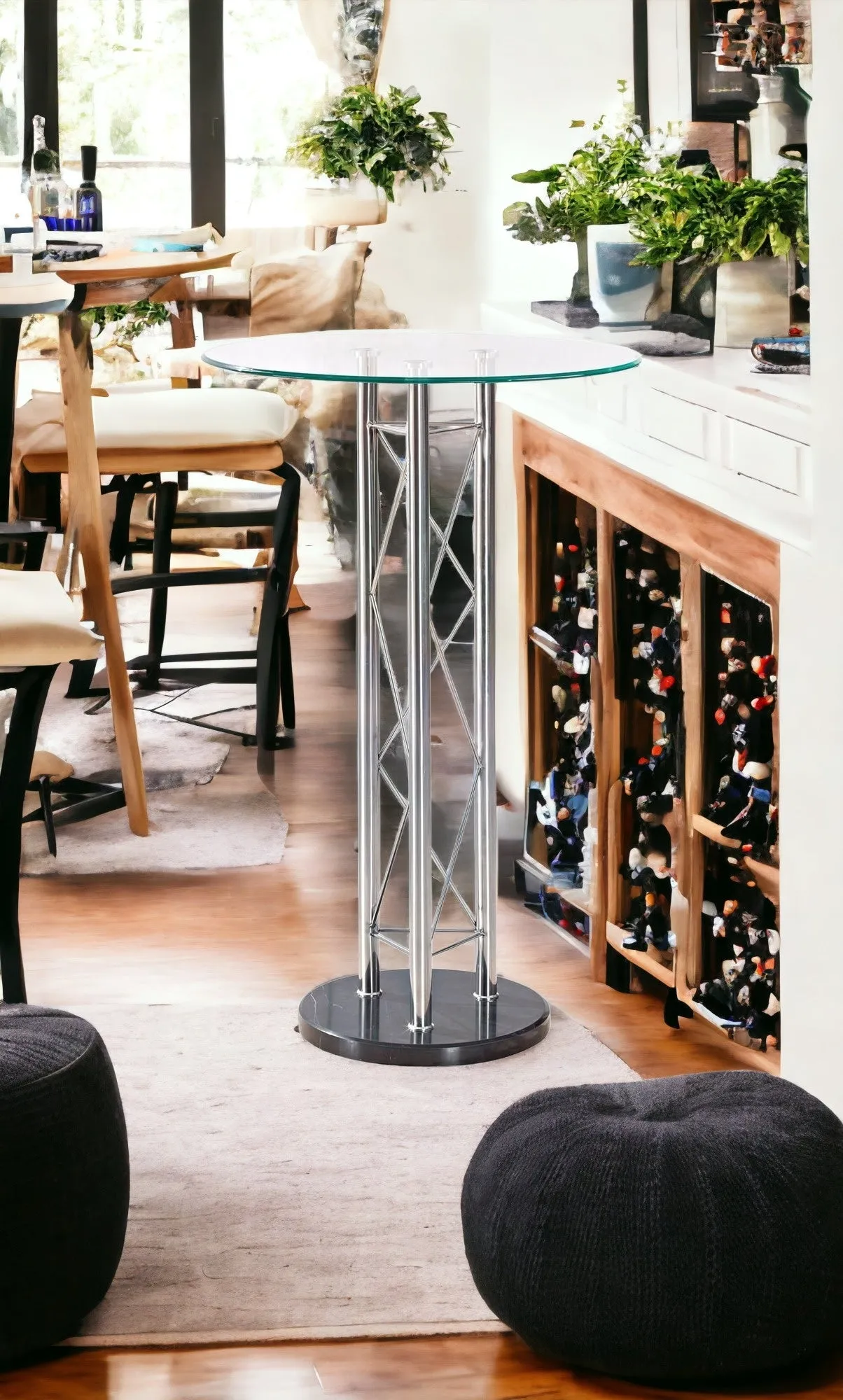 26 Clear and Black and Silver Rounded Glass and Marble Bar Table