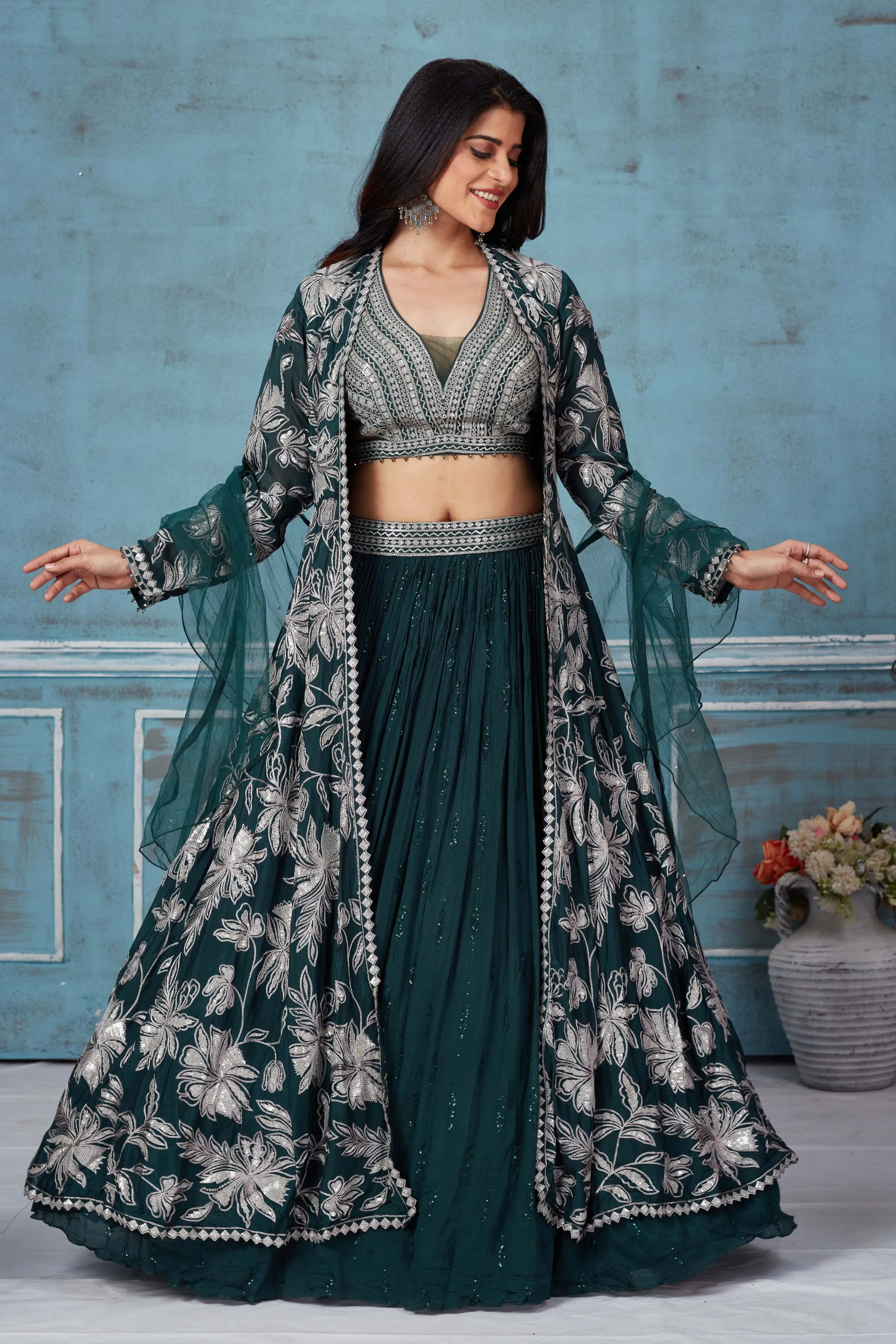 32A038 Dark Green Embroidered Lehenga With Jacket