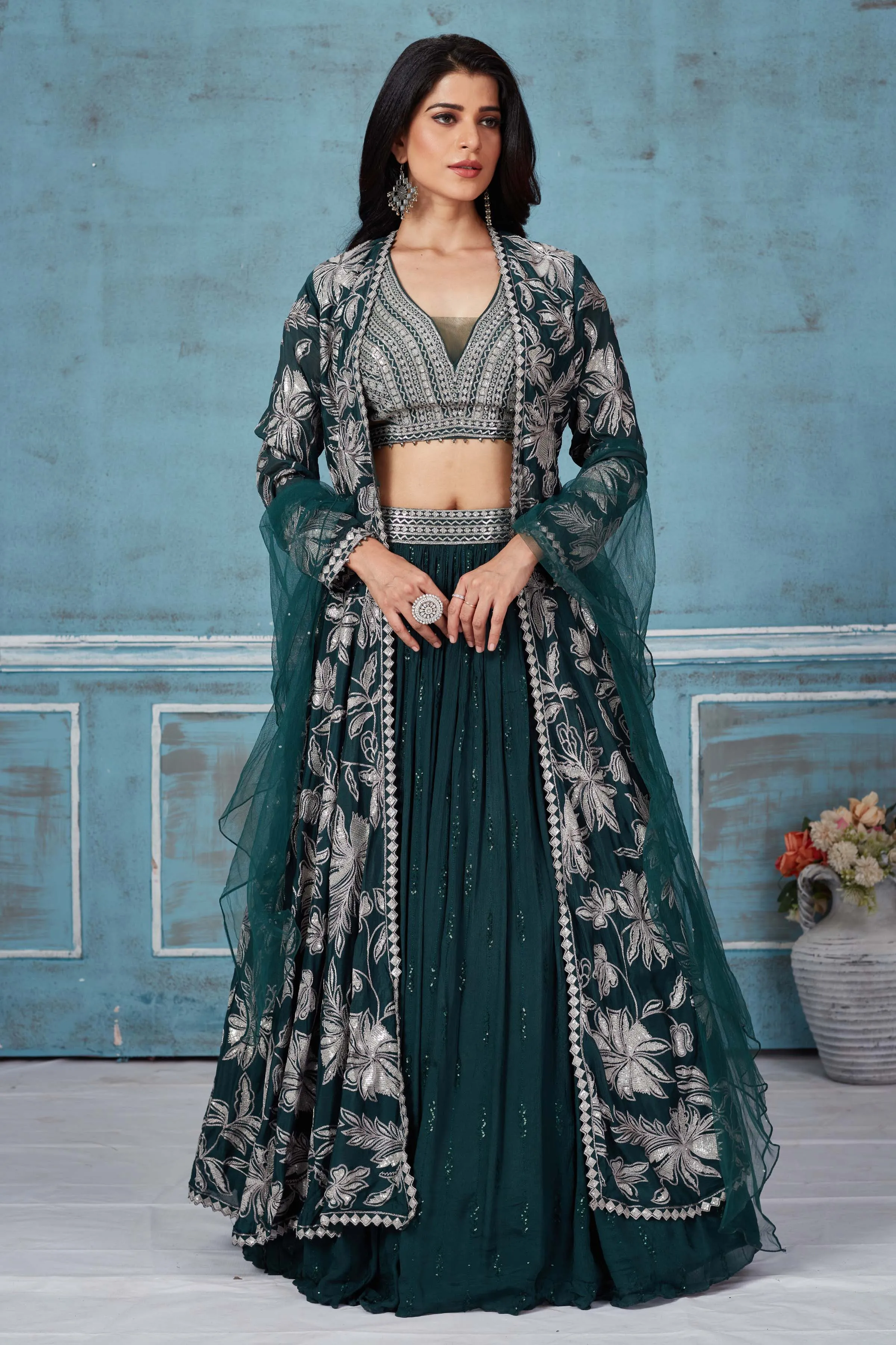 32A038 Dark Green Embroidered Lehenga With Jacket