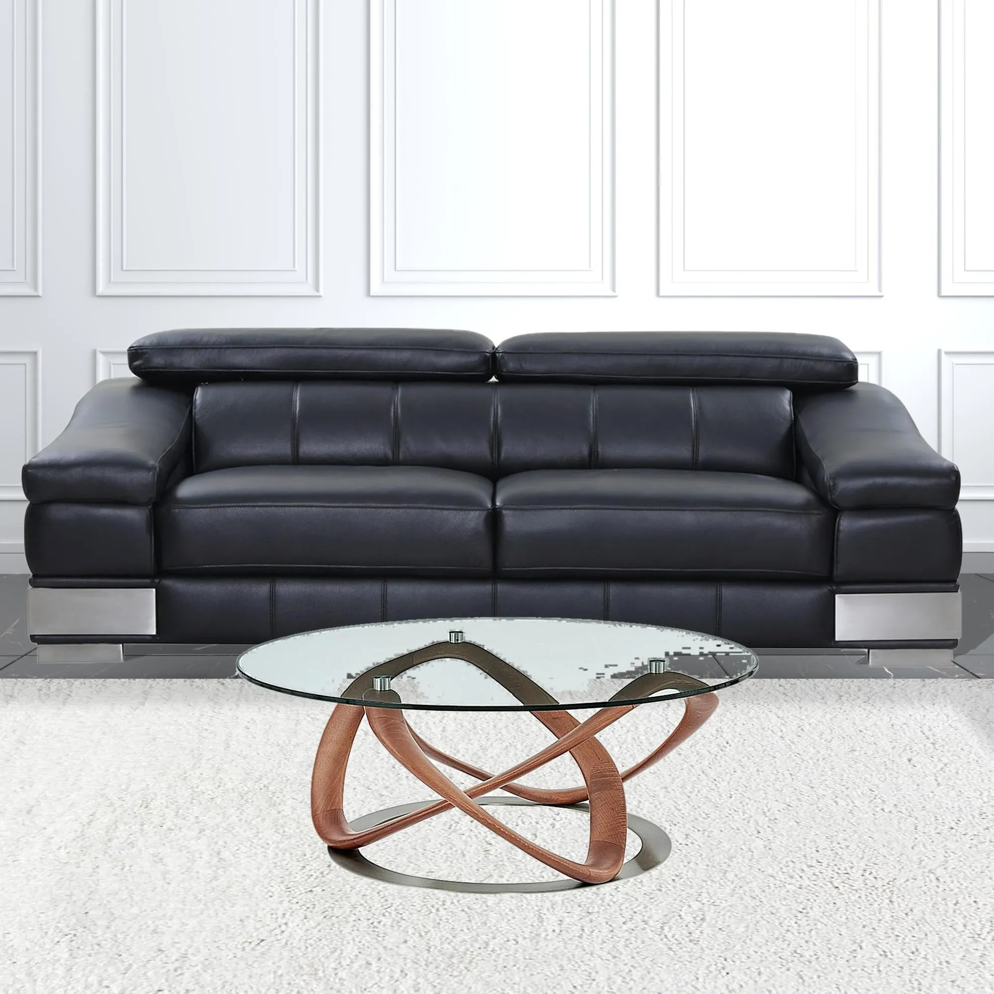 39 Walnut And Clear Glass Abstract Round Coffee Table