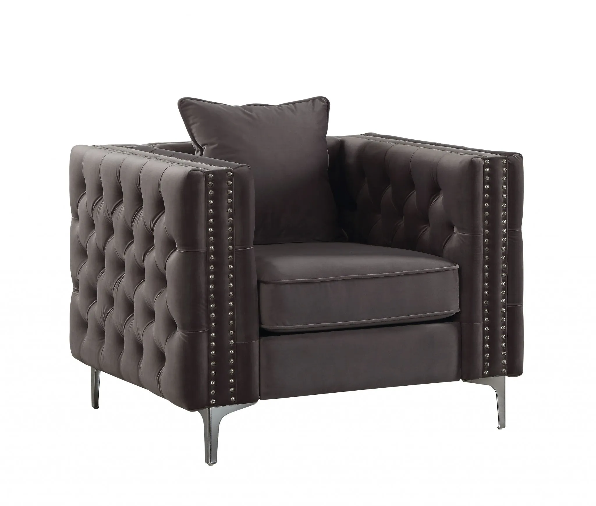 40 Dark Slate Gray And Silver Velvet Tufted Chesterfield Chair