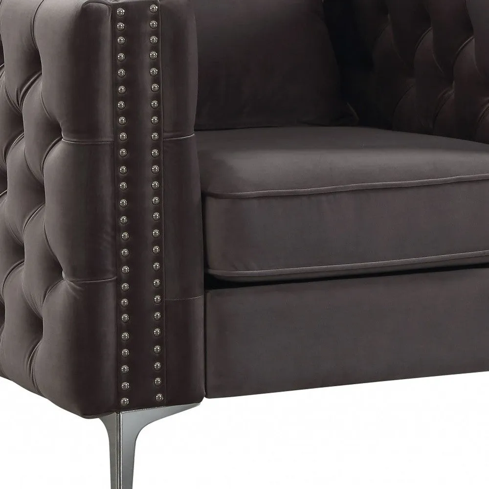 40 Dark Slate Gray And Silver Velvet Tufted Chesterfield Chair