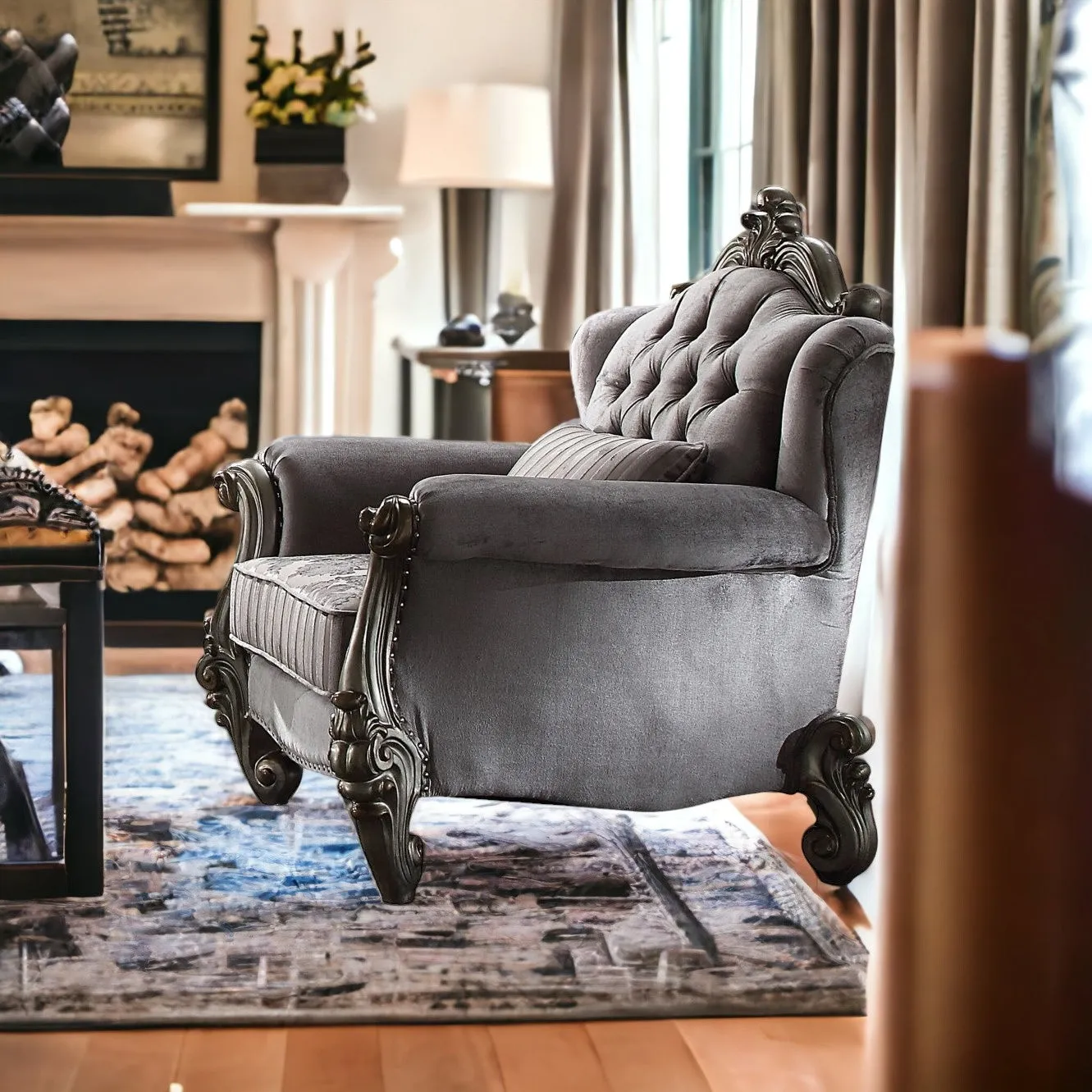 44 Gray And Platinum Velvet Floral Tufted Club Chair