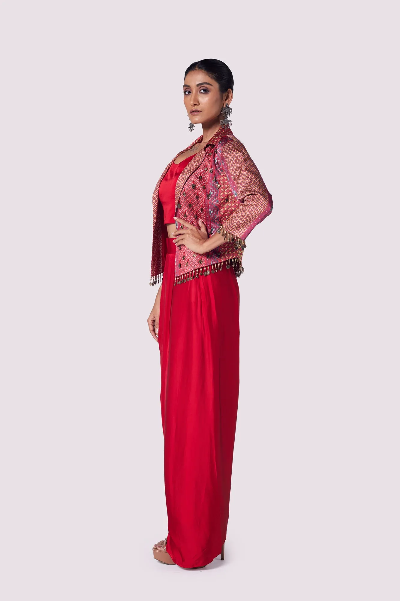 51Z001-RO Red Satin Draped Skirt with Blouse and Embroidered Jacket