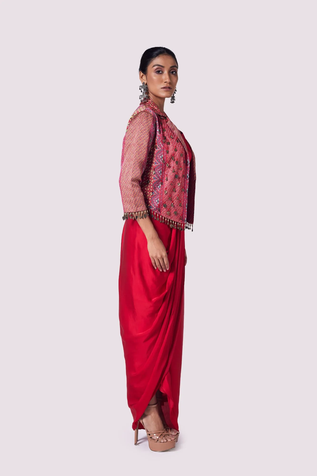 51Z001-RO Red Satin Draped Skirt with Blouse and Embroidered Jacket