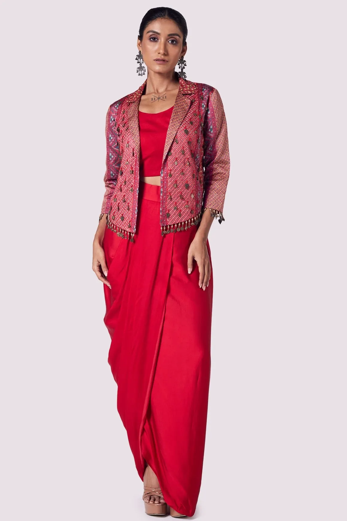 51Z001-RO Red Satin Draped Skirt with Blouse and Embroidered Jacket