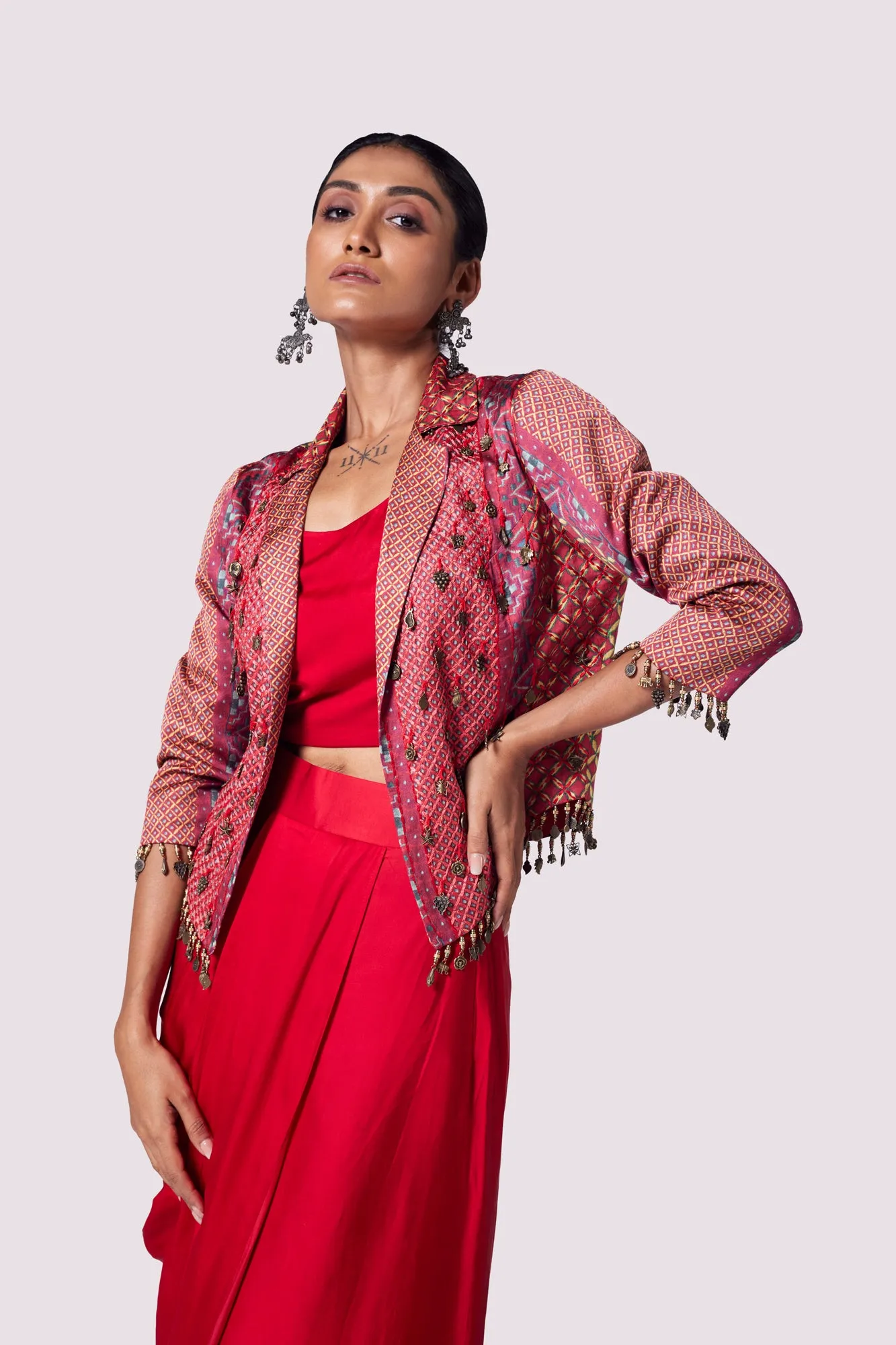 51Z001-RO Red Satin Draped Skirt with Blouse and Embroidered Jacket