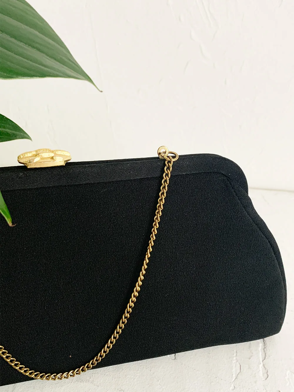 60s Sleek Black Clutch With Brass Clasp