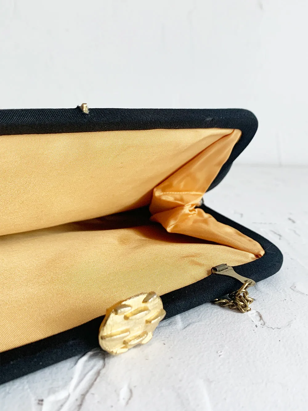 60s Sleek Black Clutch With Brass Clasp