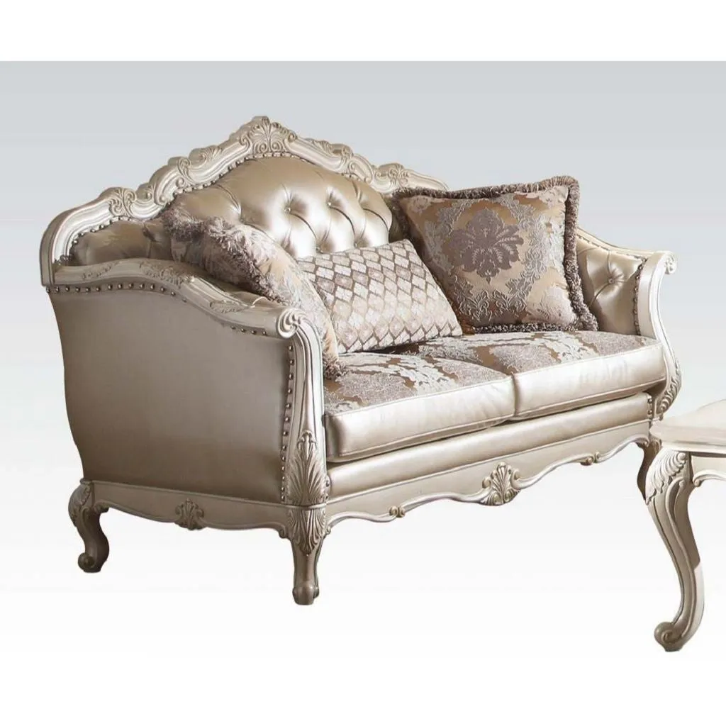 63 Rose Gold And Pearl Faux Leather Curved Loveseat and Toss Pillows