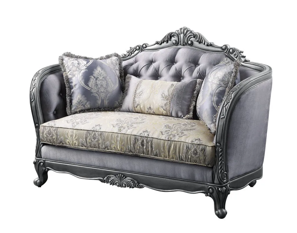 65 Gray Silver And Platinum Silk Blend Loveseat and Toss Pillows