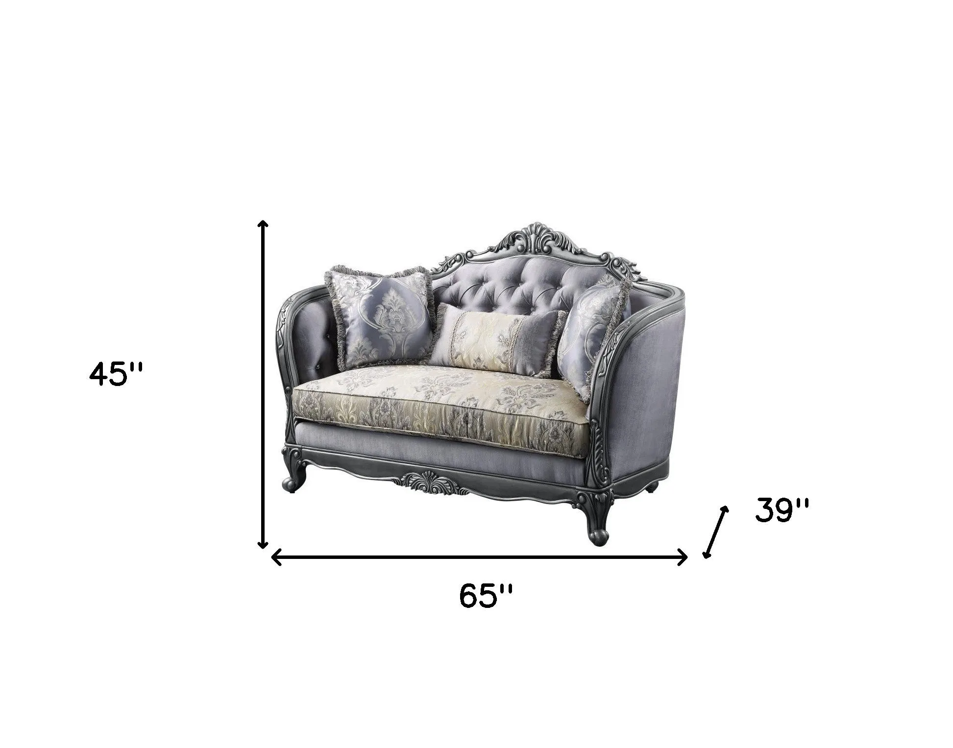 65 Gray Silver And Platinum Silk Blend Loveseat and Toss Pillows