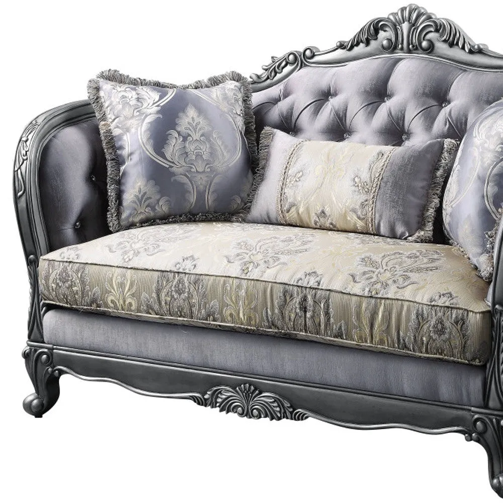 65 Gray Silver And Platinum Silk Blend Loveseat and Toss Pillows