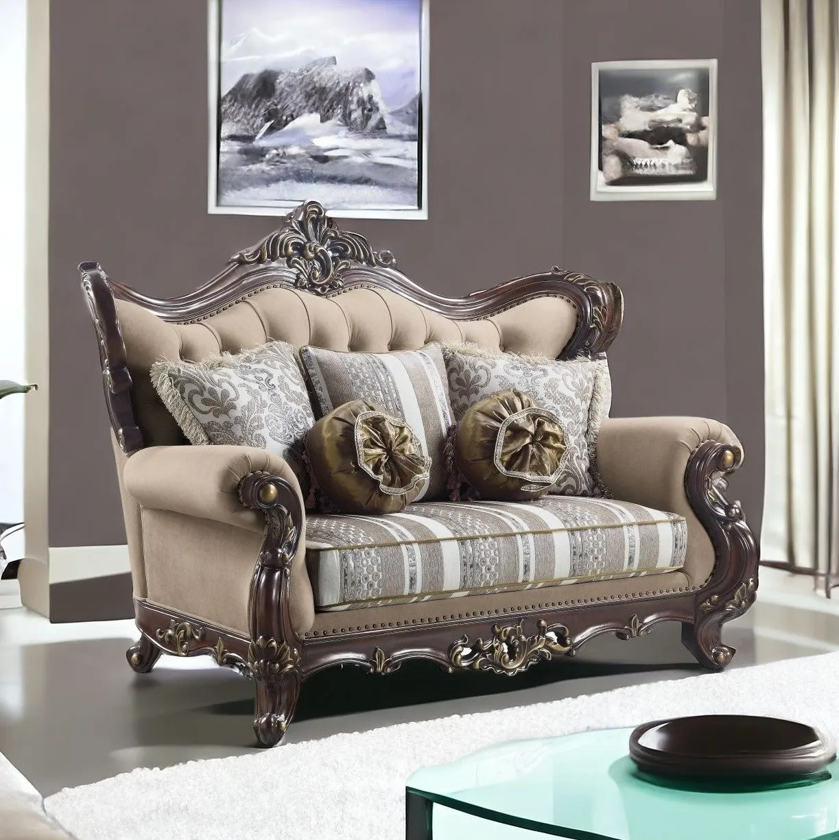 70 Brown And Dark Brown Linen Curved Loveseat and Toss Pillows