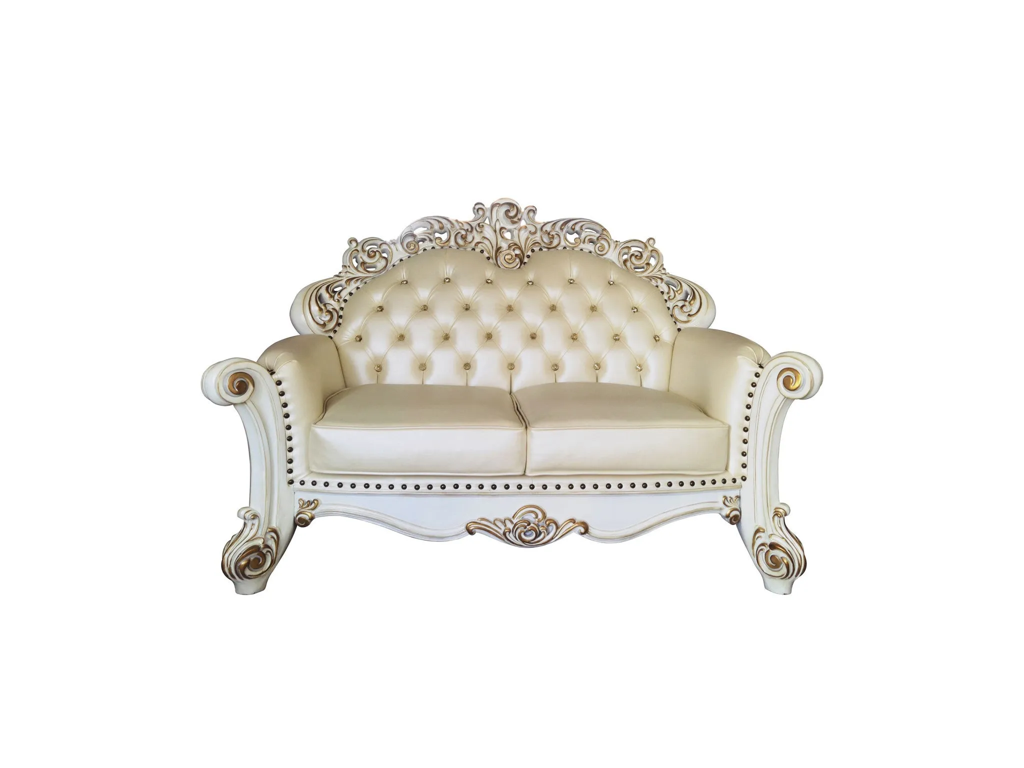 70 Champagne And Pearl Faux Leather Loveseat and Toss Pillows