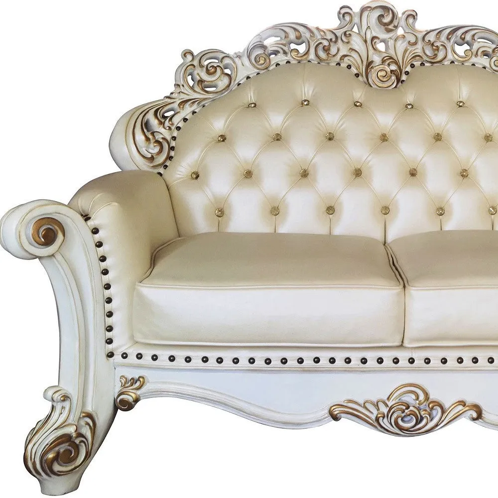 70 Champagne And Pearl Faux Leather Loveseat and Toss Pillows