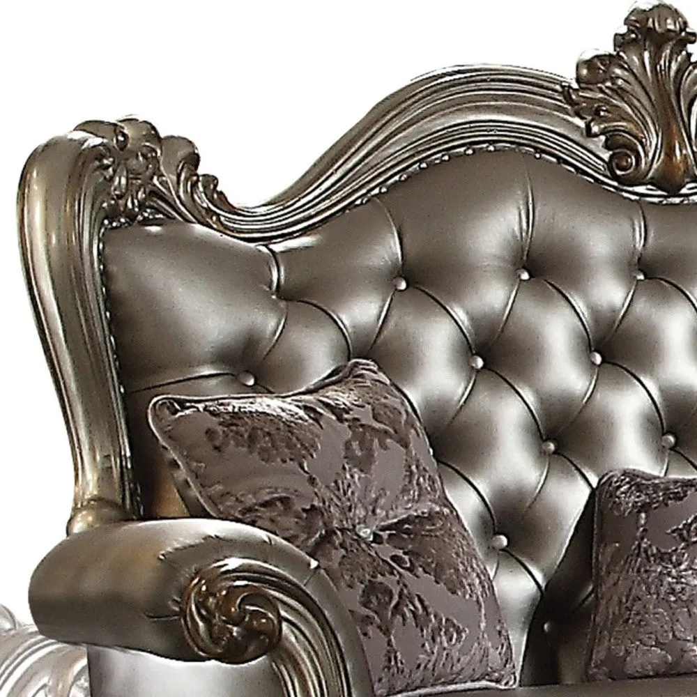 70 Silver And Platinum Faux Leather Loveseat and Toss Pillows