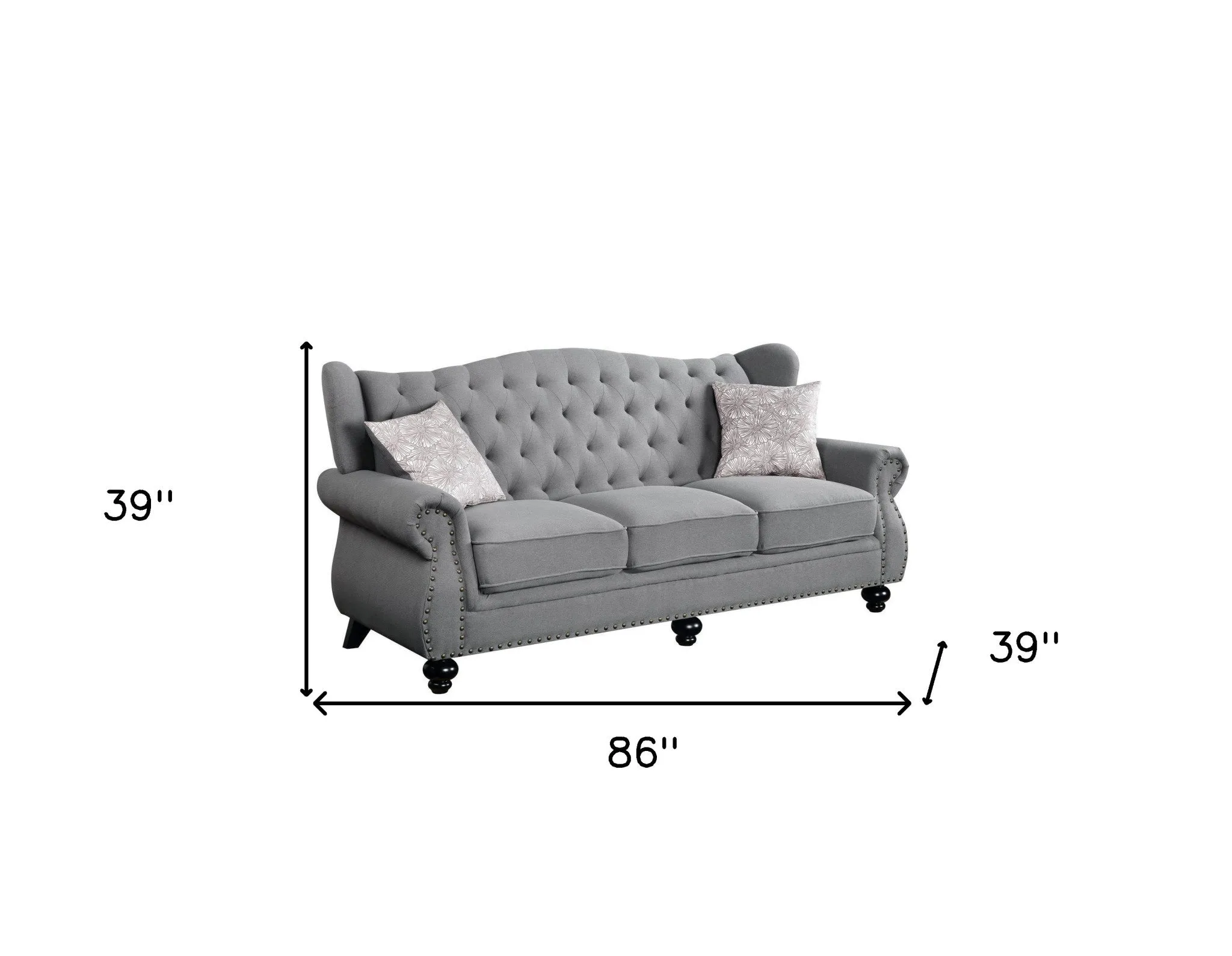 86 Gray And Black Sofa With Two Toss Pillows