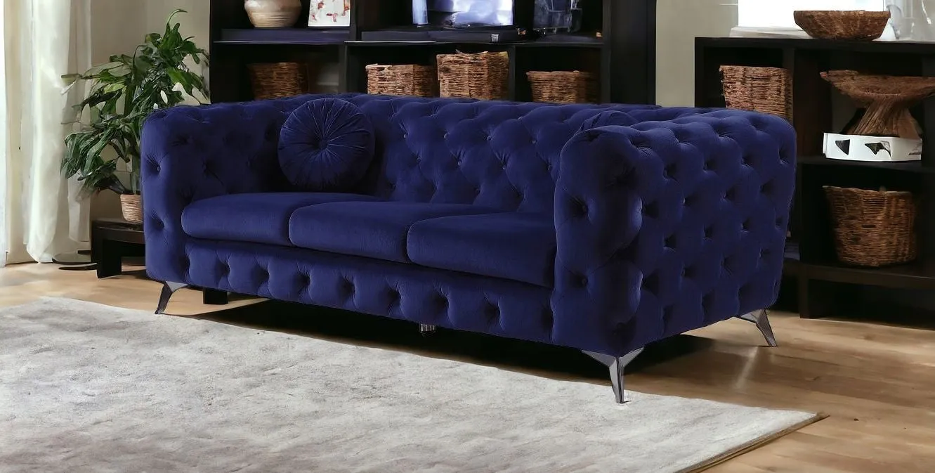 90 Blue And Silver Velvet Sofa