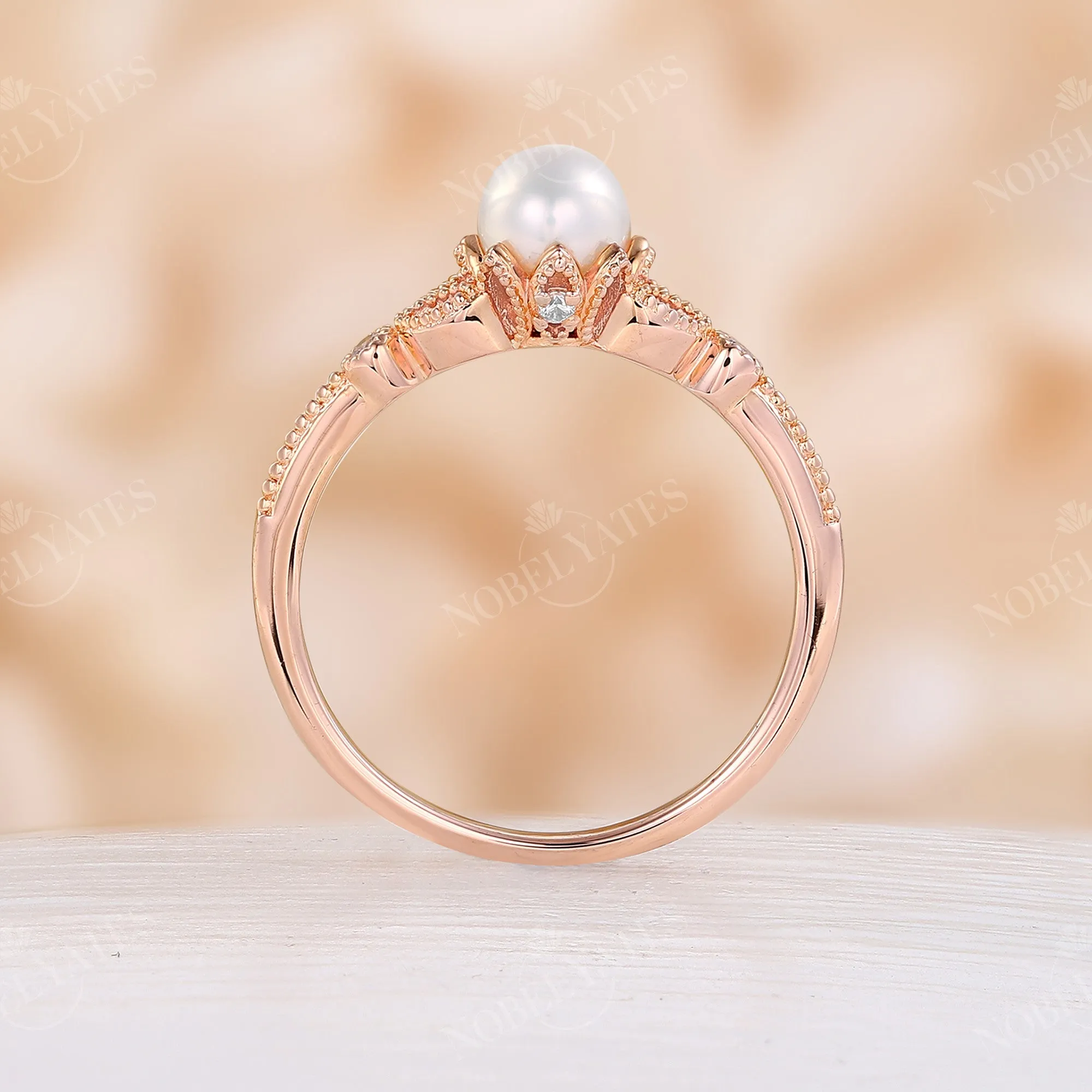 Akoya Pearl & Diamond Vintage Milgrain Engagement Ring Rose Gold