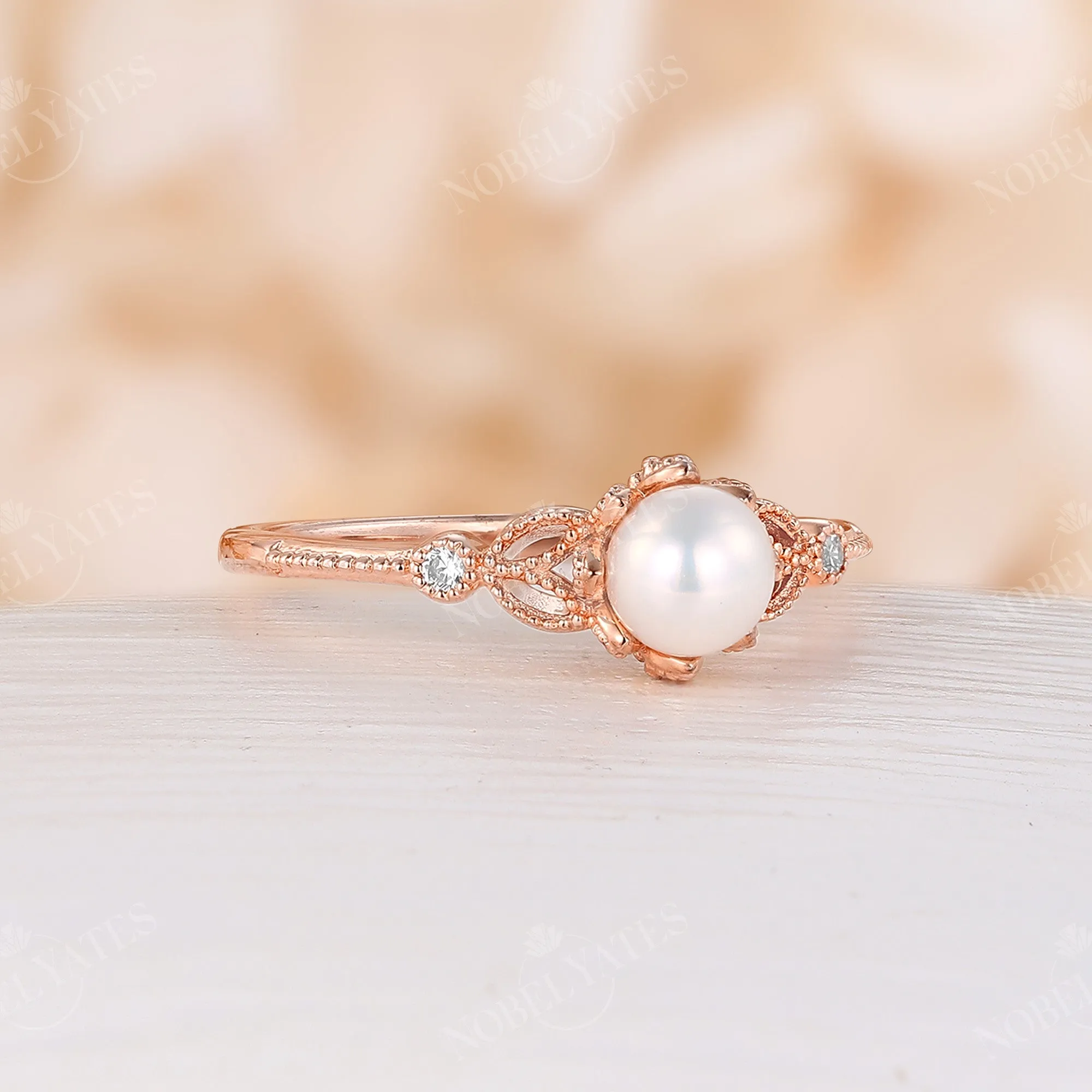 Akoya Pearl & Diamond Vintage Milgrain Engagement Ring Rose Gold