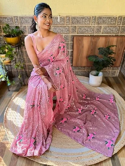 Appealing Pink Colored Georgette Designer And Sequins Work Party Wear Saree For Women