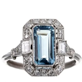 Art Deco Inspired 1.45 Carat Aquamarine & Diamond Ring in Platinum