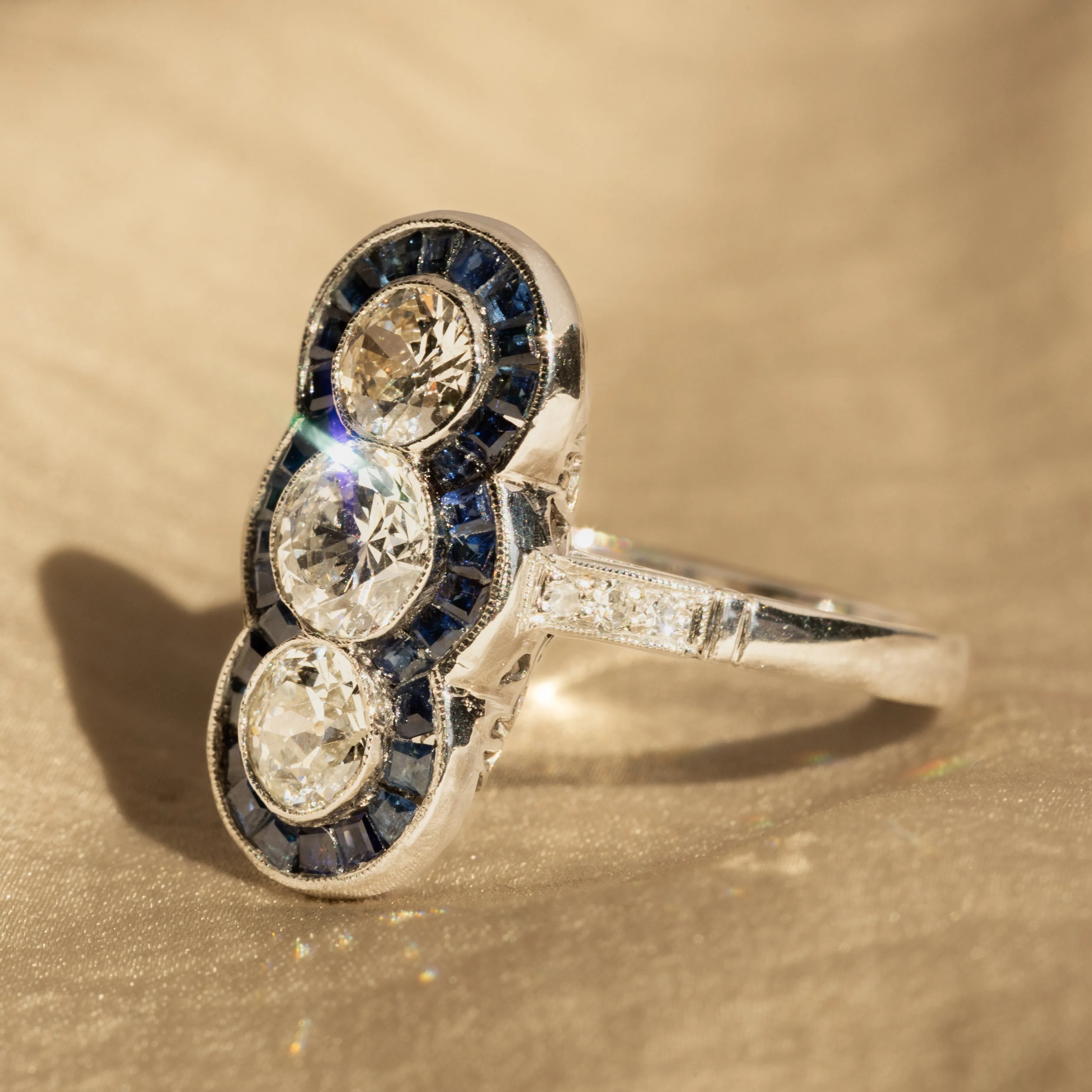 Art Deco Inspired Old European Diamond Natural Sapphire Three Stone Ring