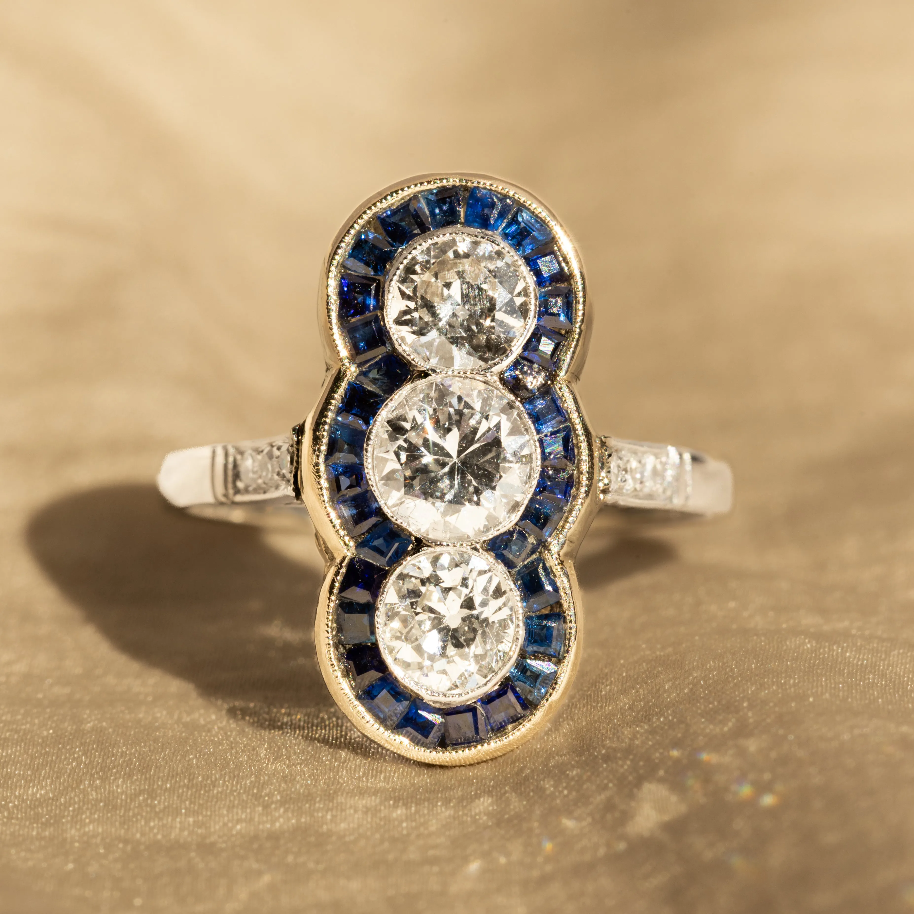 Art Deco Inspired Old European Diamond Natural Sapphire Three Stone Ring