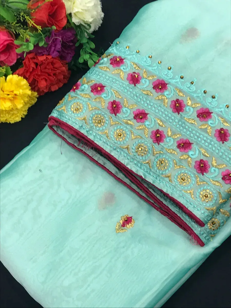 Beautiful Georgette Sky Blue Color Embroidery Party Wear Saree