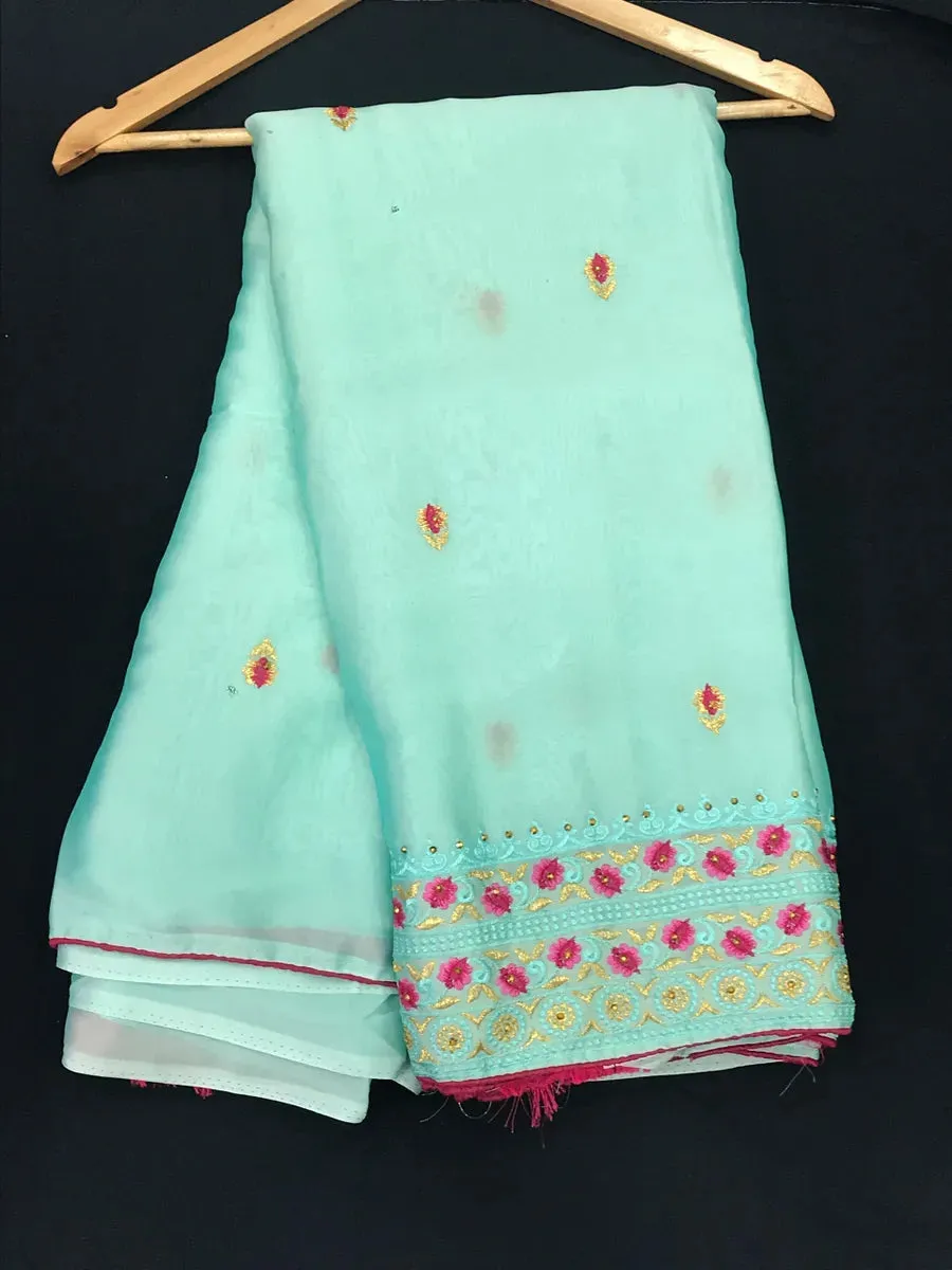 Beautiful Georgette Sky Blue Color Embroidery Party Wear Saree