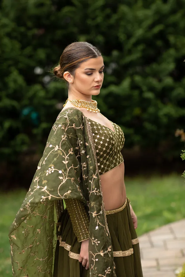 Beautiful Mehendi Green Colored Heavy Lehenga Set - Rent