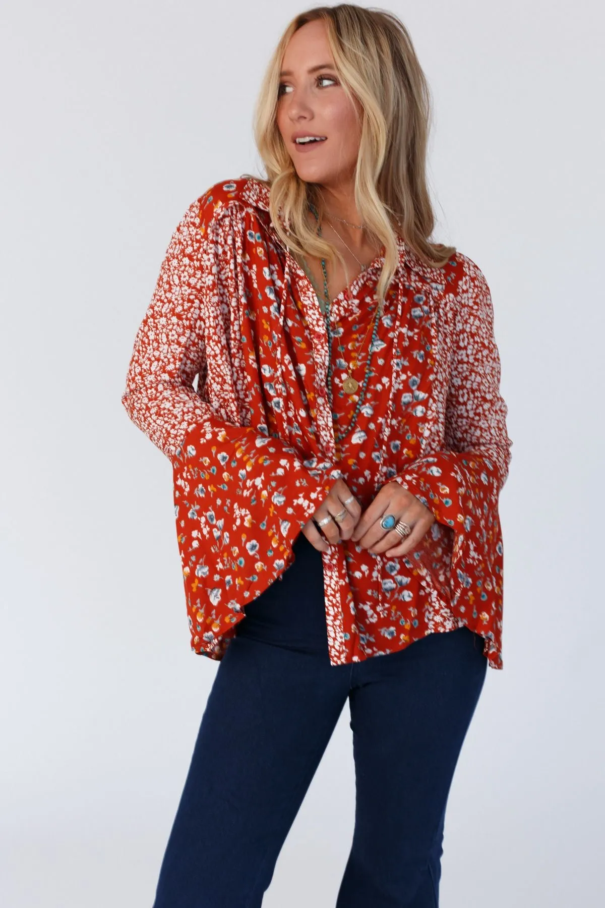 Bella Bloom Floral Print Top - Rust