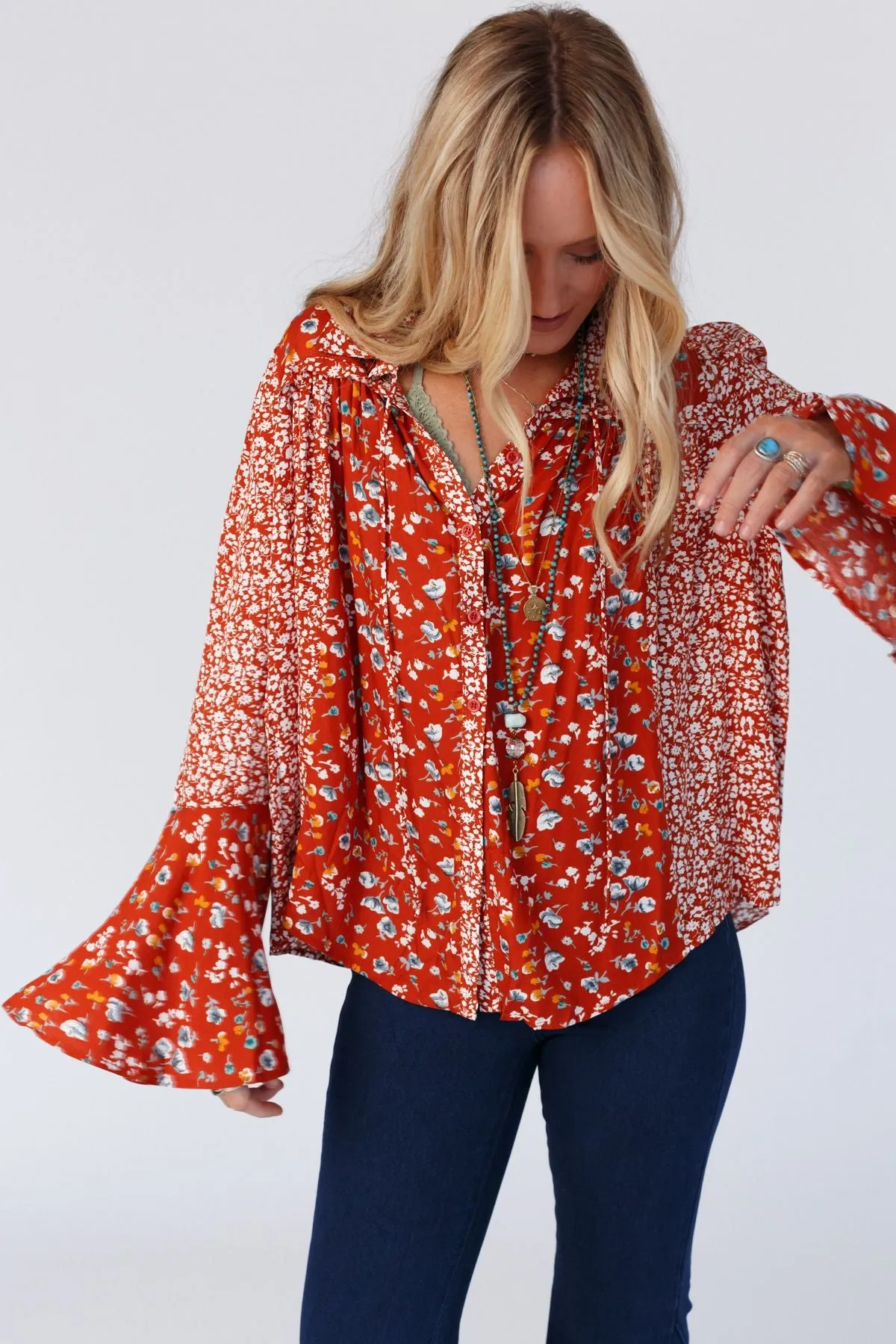 Bella Bloom Floral Print Top - Rust