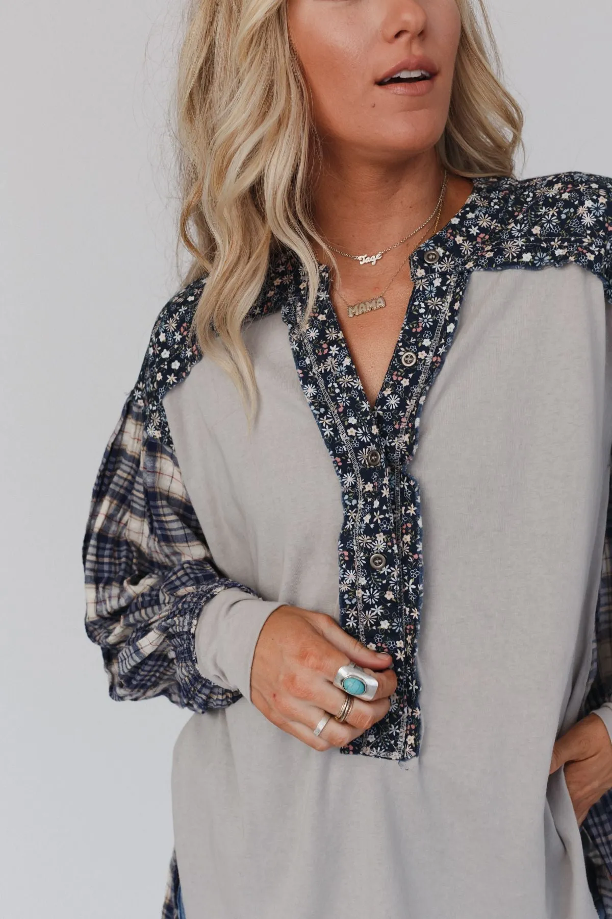 Better Together Mixed Print Top - Blue Gray