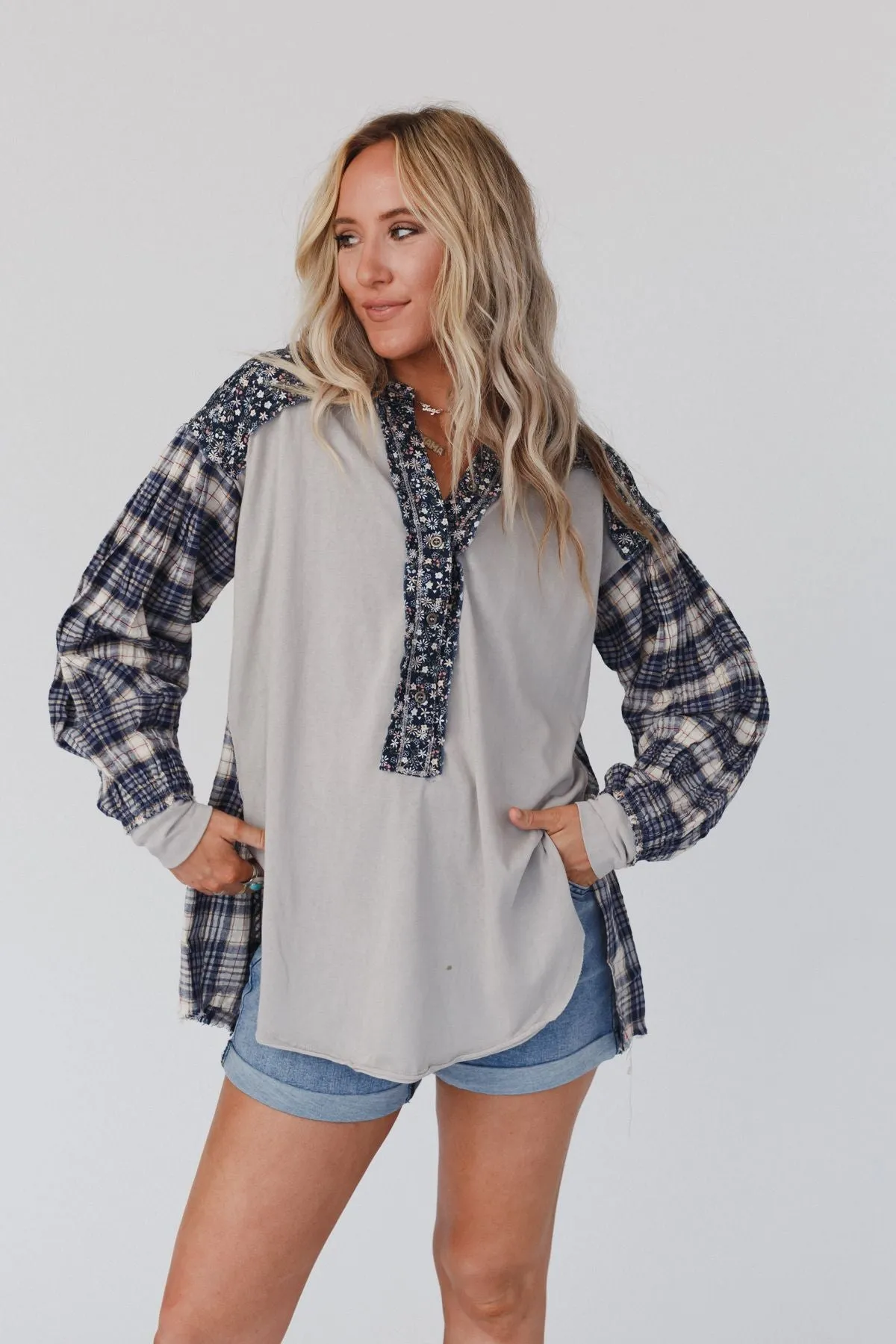 Better Together Mixed Print Top - Blue Gray