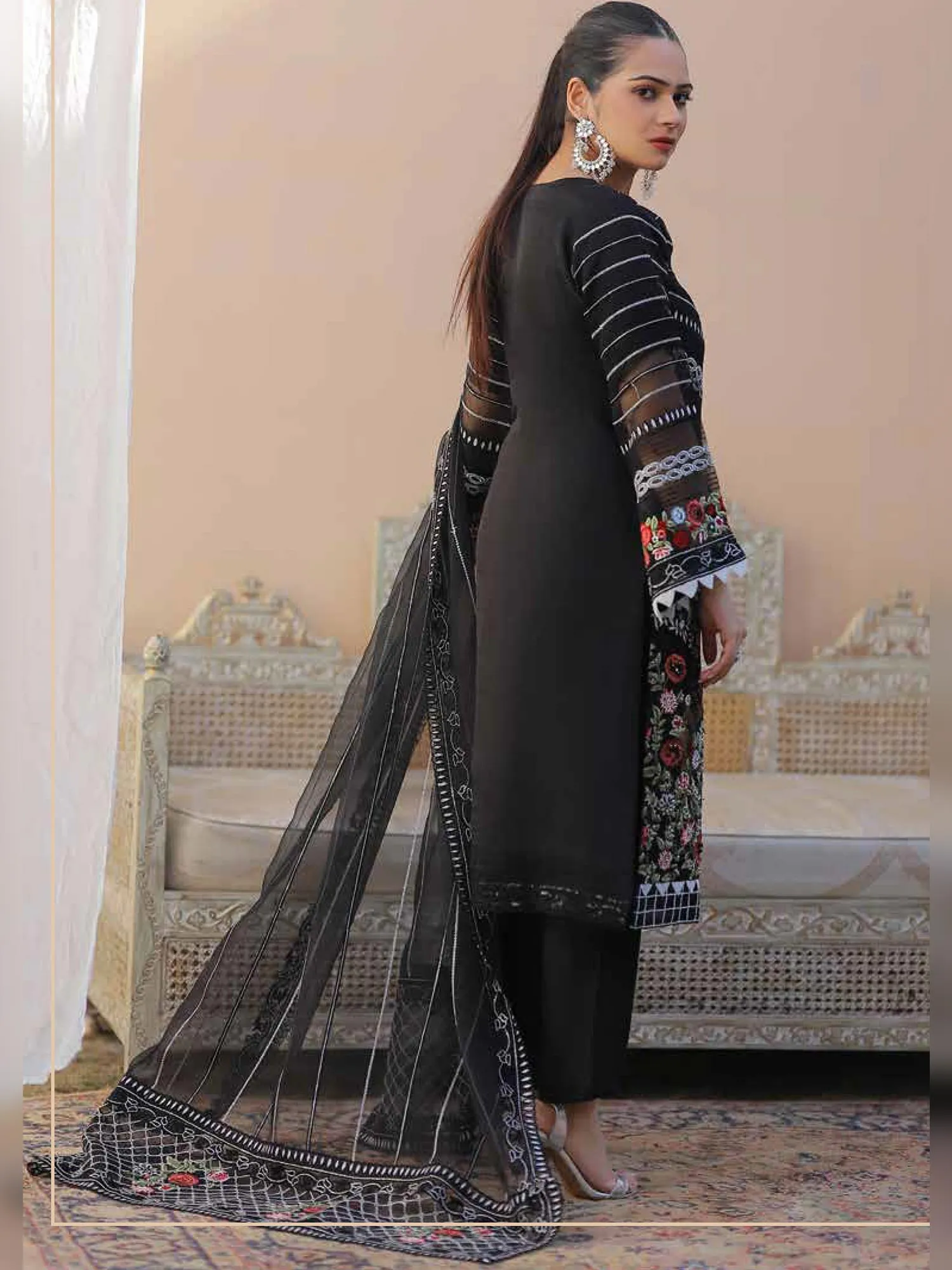 Black Embroidered Organza 3-Piece Suit