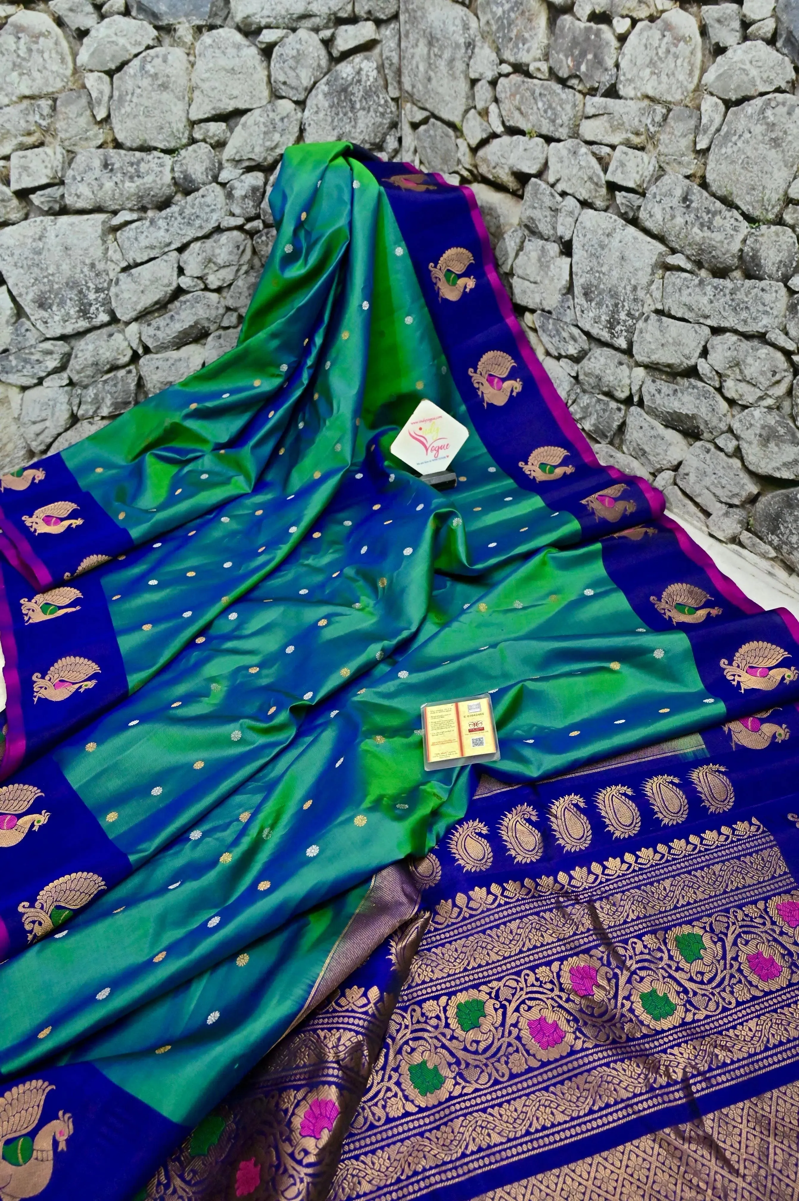 Blue and Green Dual Color Gadwal Silk Saree with Meenakari Peacock Motif Border