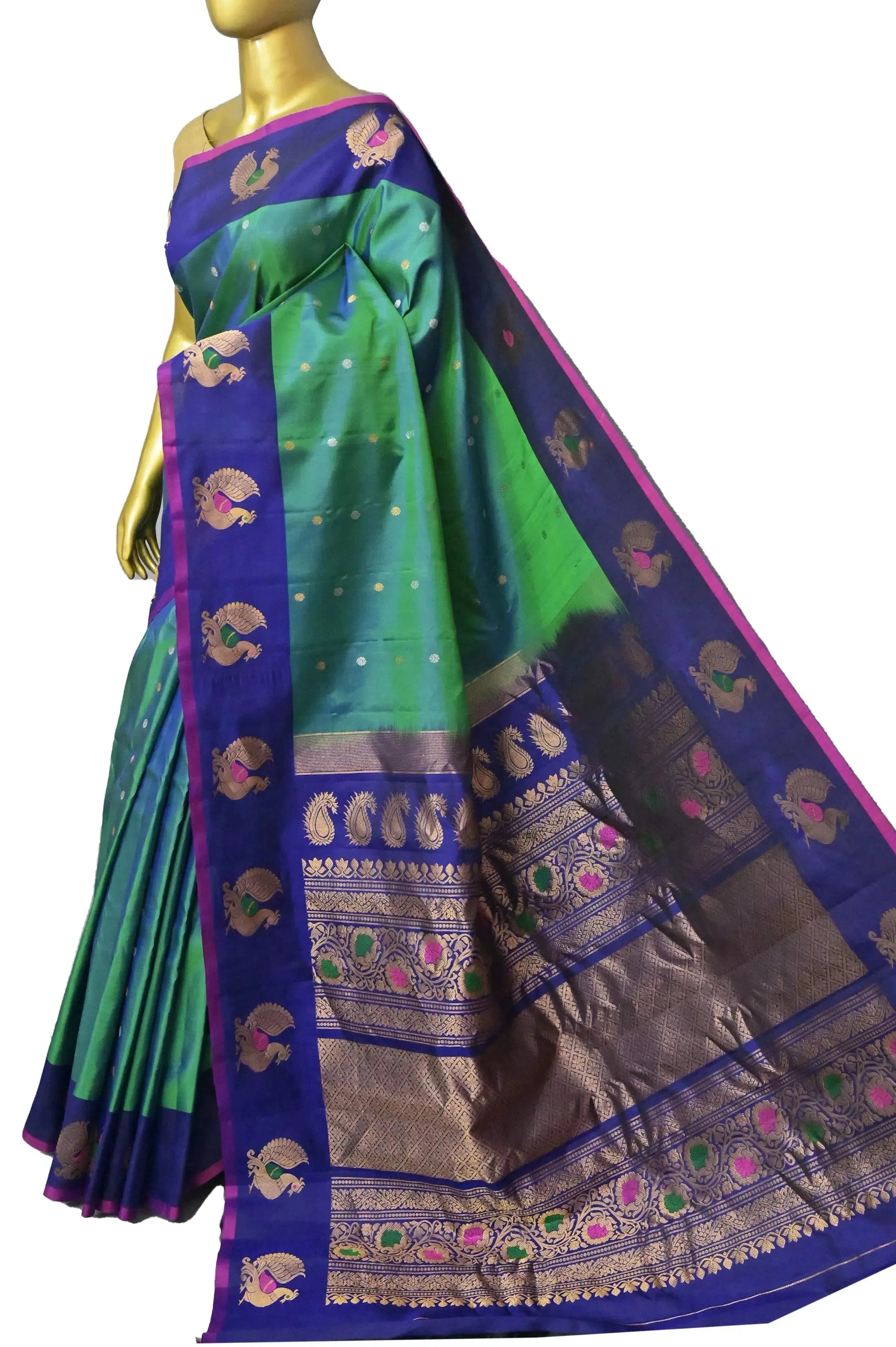 Blue and Green Dual Color Gadwal Silk Saree with Meenakari Peacock Motif Border