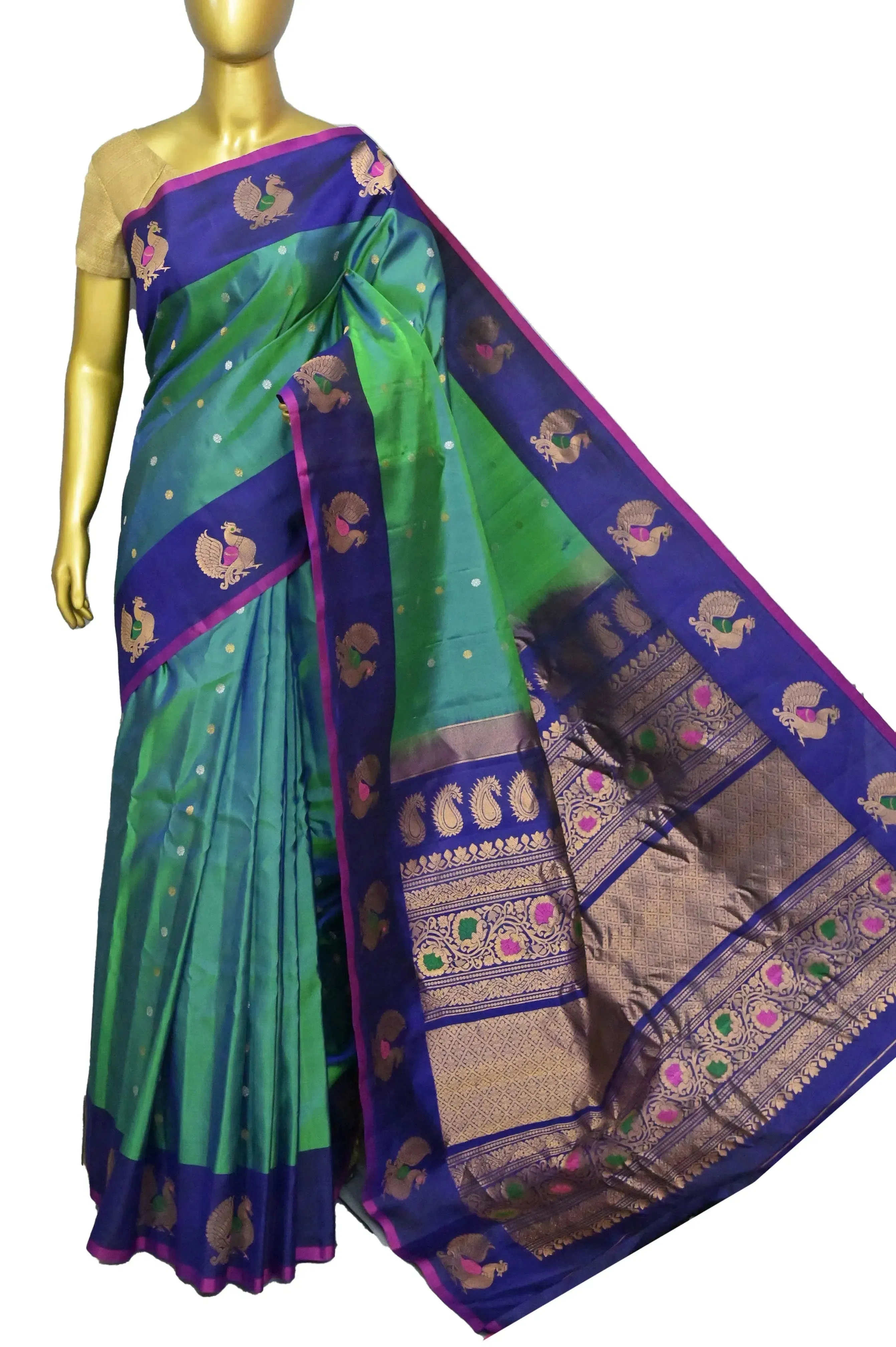 Blue and Green Dual Color Gadwal Silk Saree with Meenakari Peacock Motif Border