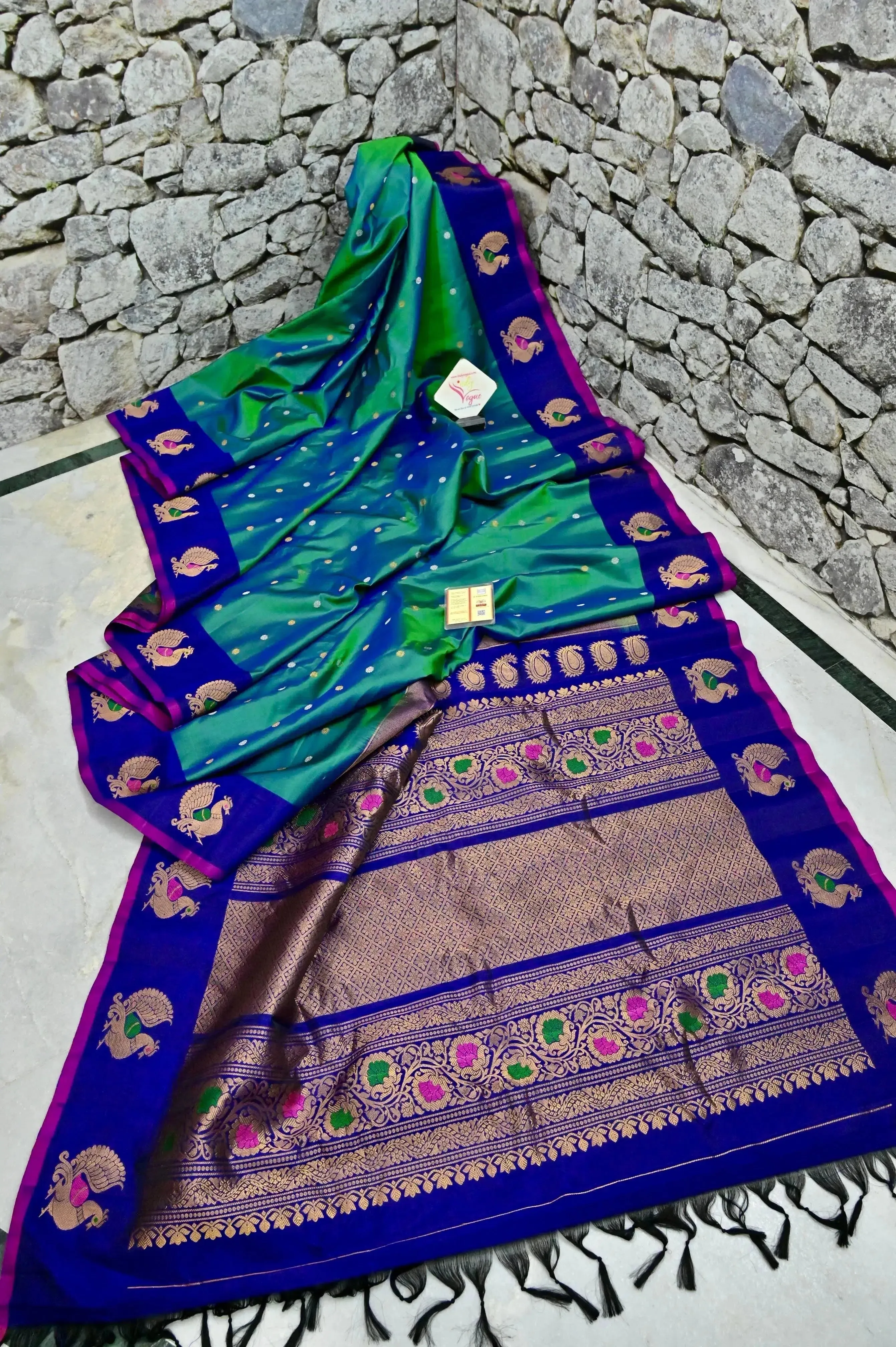 Blue and Green Dual Color Gadwal Silk Saree with Meenakari Peacock Motif Border