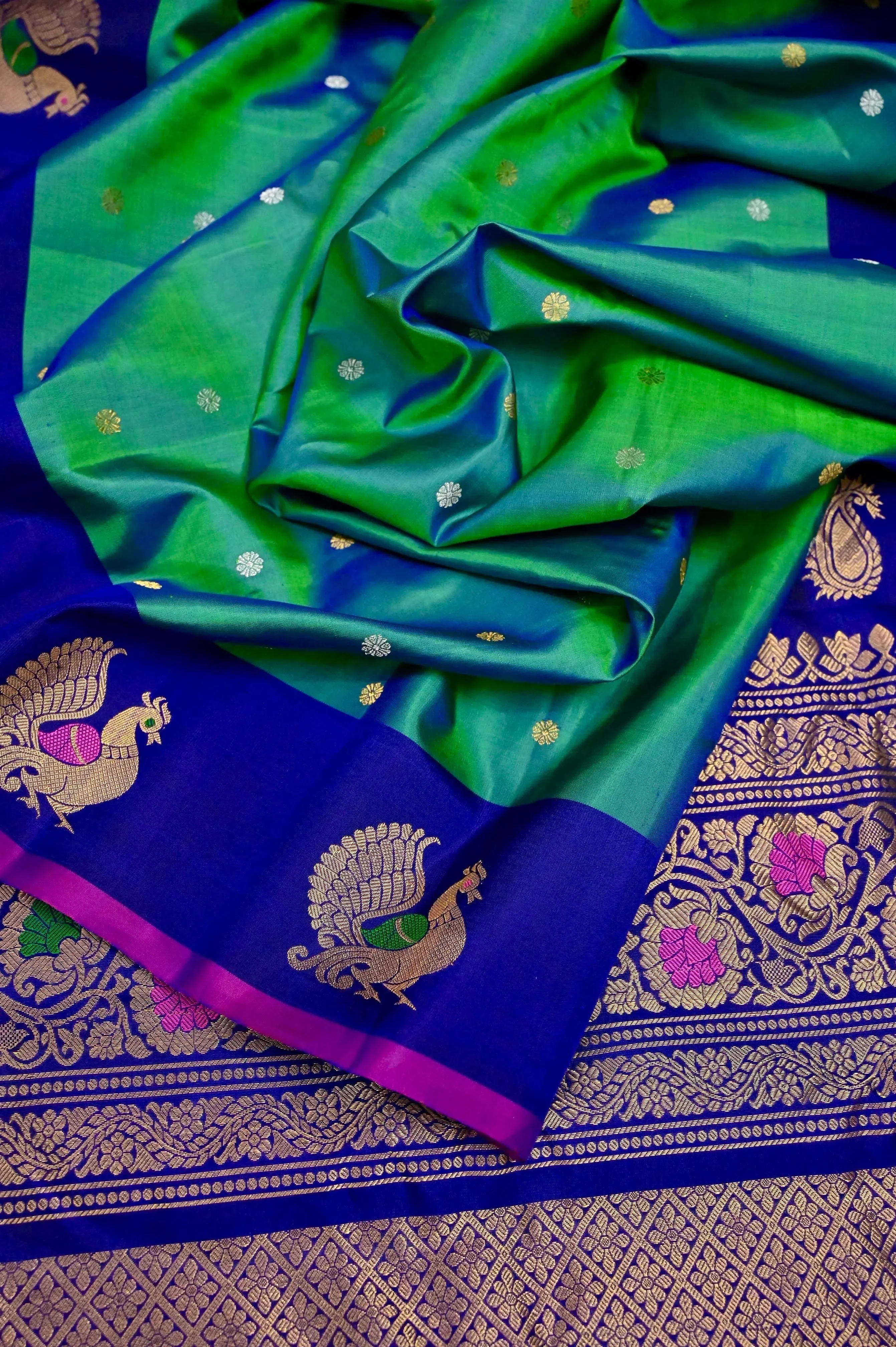 Blue and Green Dual Color Gadwal Silk Saree with Meenakari Peacock Motif Border