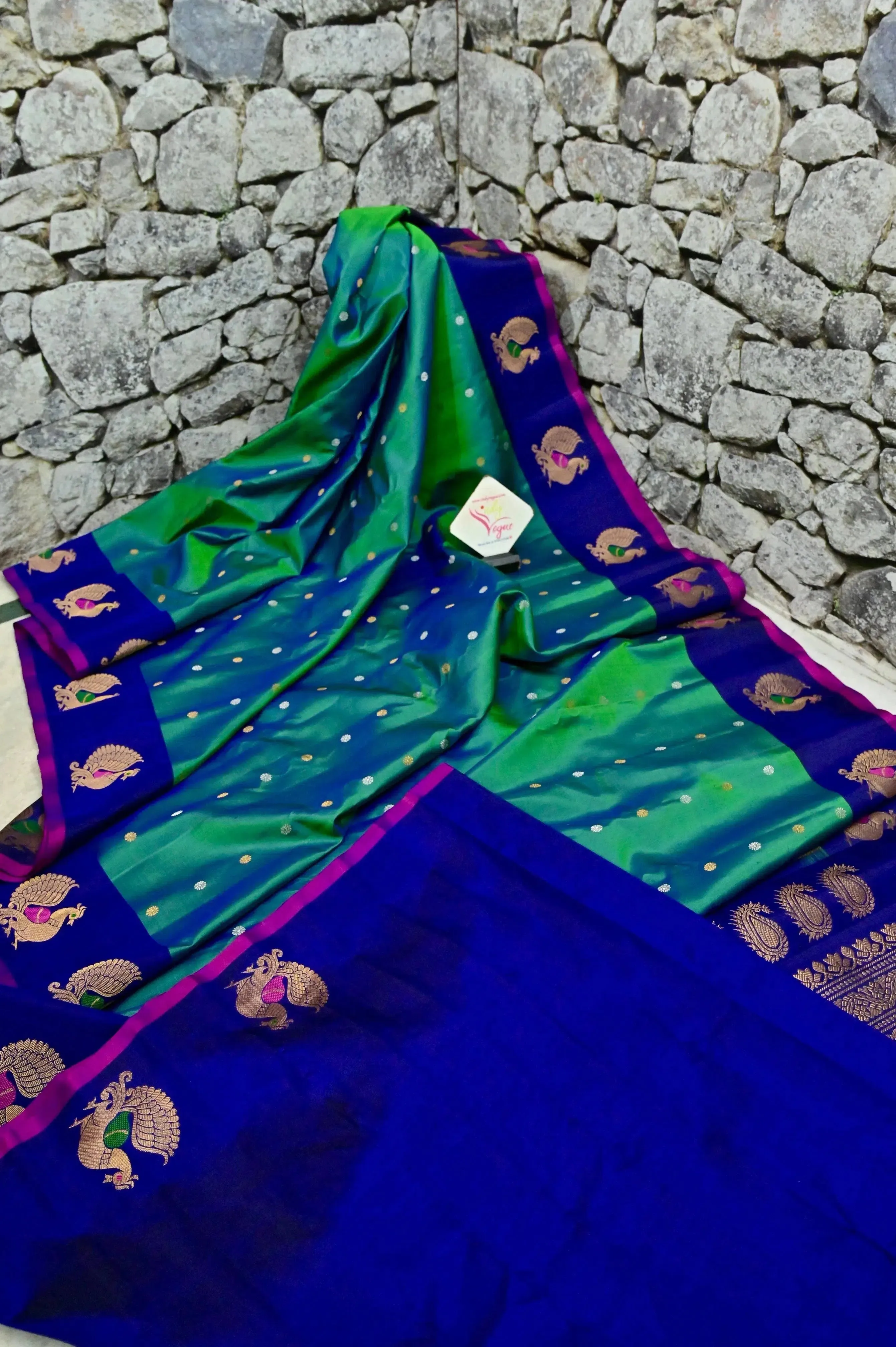 Blue and Green Dual Color Gadwal Silk Saree with Meenakari Peacock Motif Border