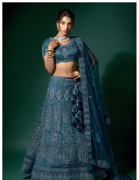 Blue Color  Zarkan Work Net Lehenga - Rent