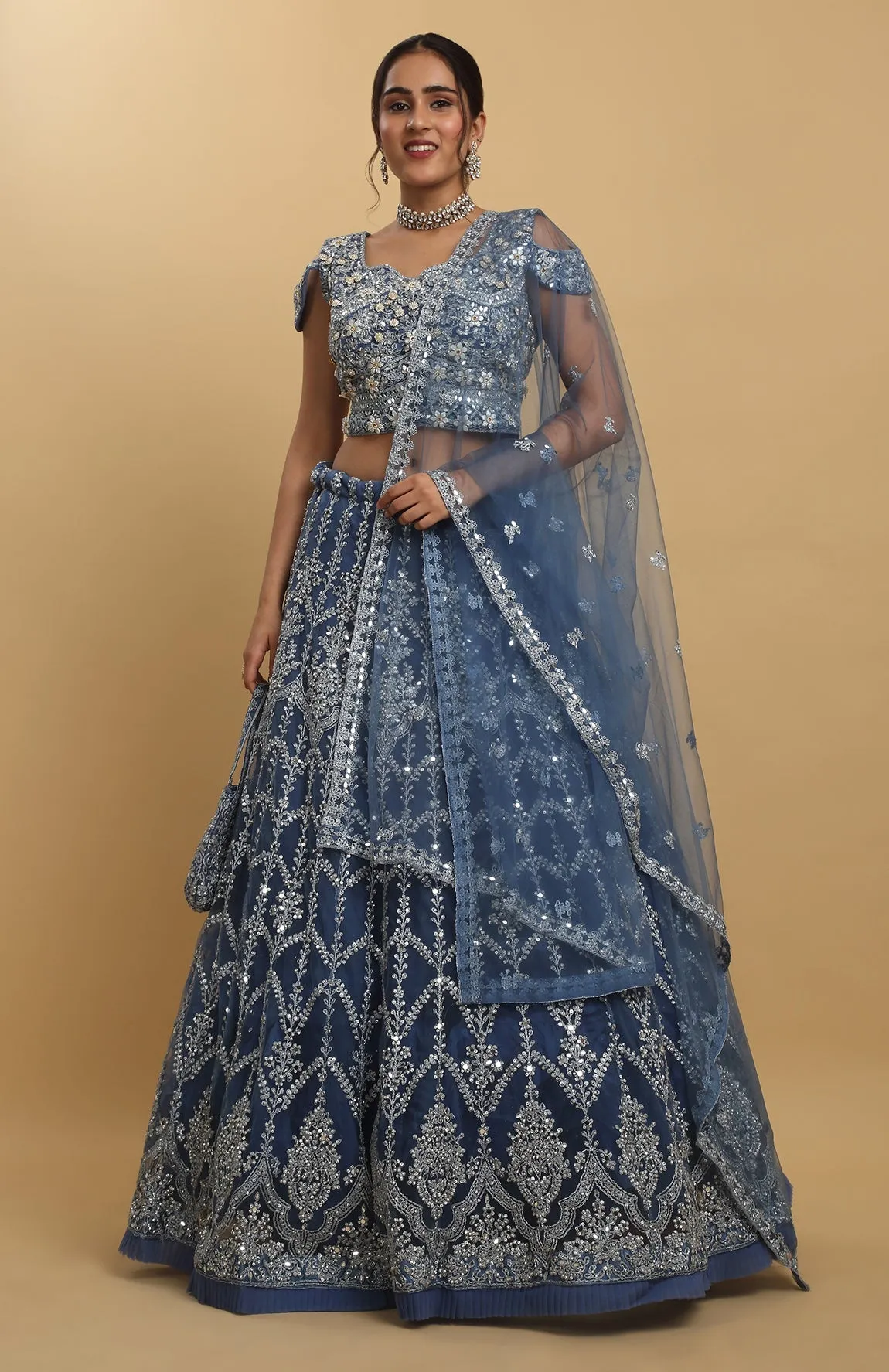 Blue Net Embroidered Mirror Round Neck Rangrez Lehenga Set - Rent