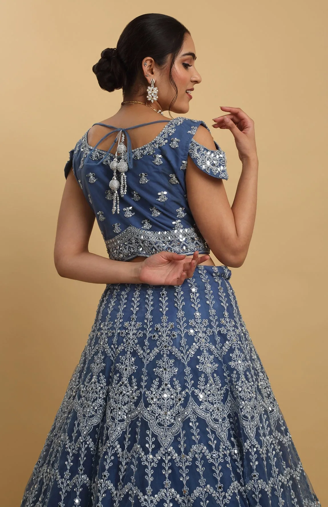 Blue Net Embroidered Mirror Round Neck Rangrez Lehenga Set - Rent